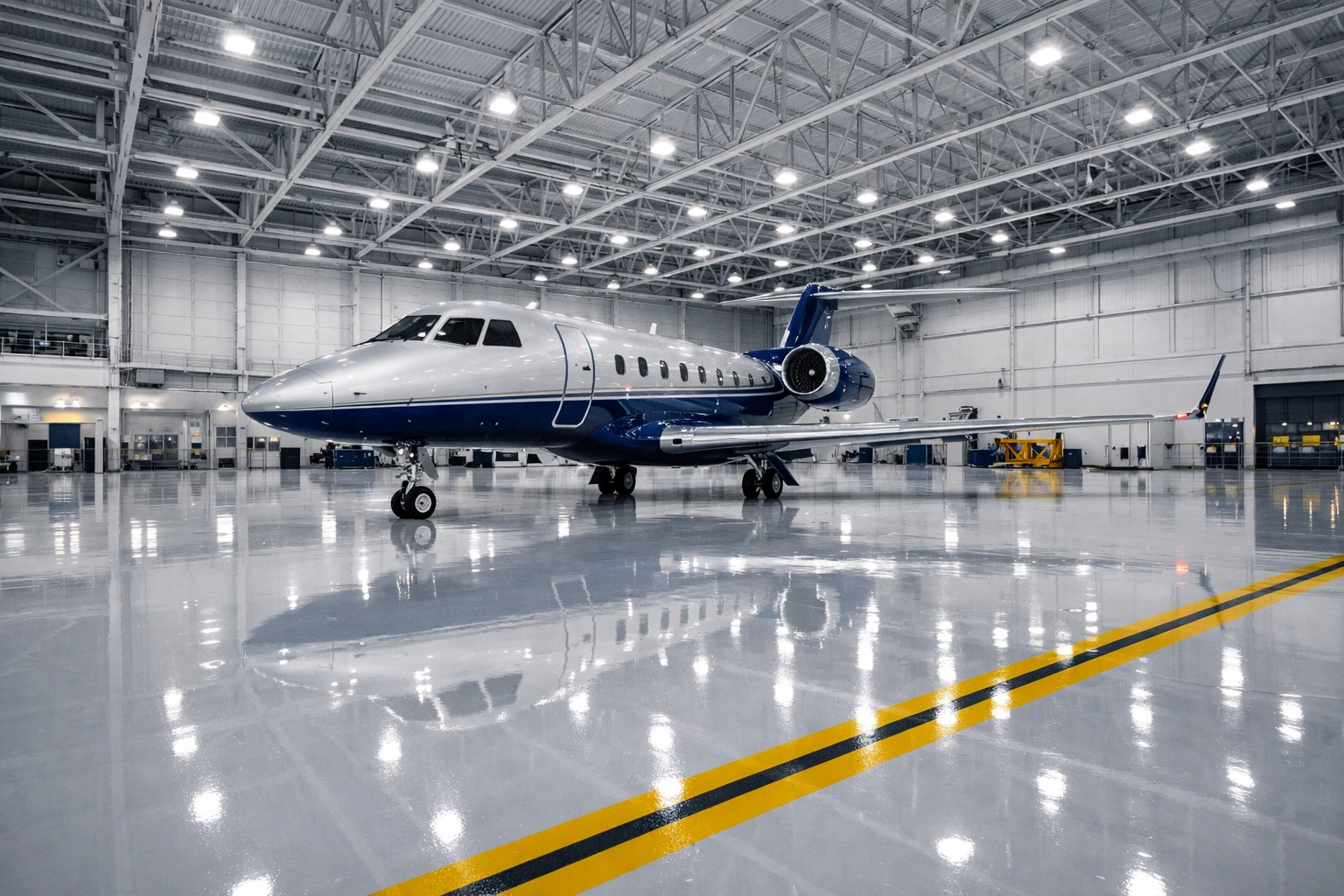 Clean aviation hangar floor in Westfield with a high-gloss epoxy finish reflecting a corporate jet.