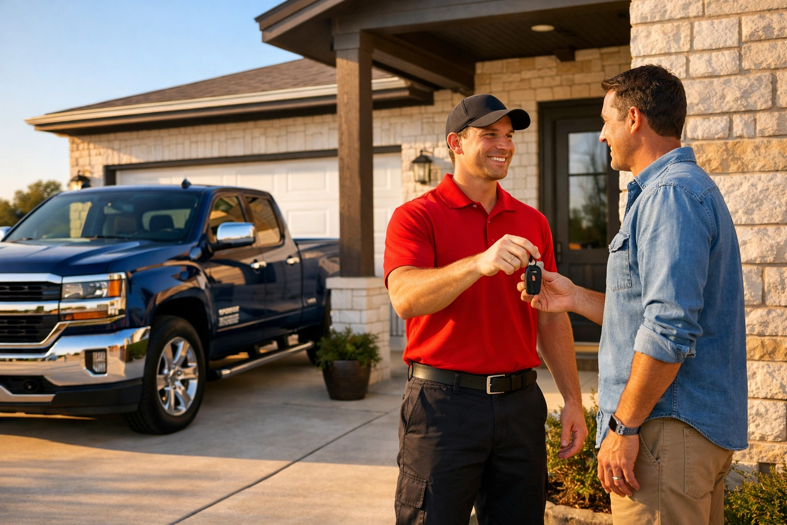 Service professional handing over keys for vehicle pick-up and drop-off service in Cameron, TX.