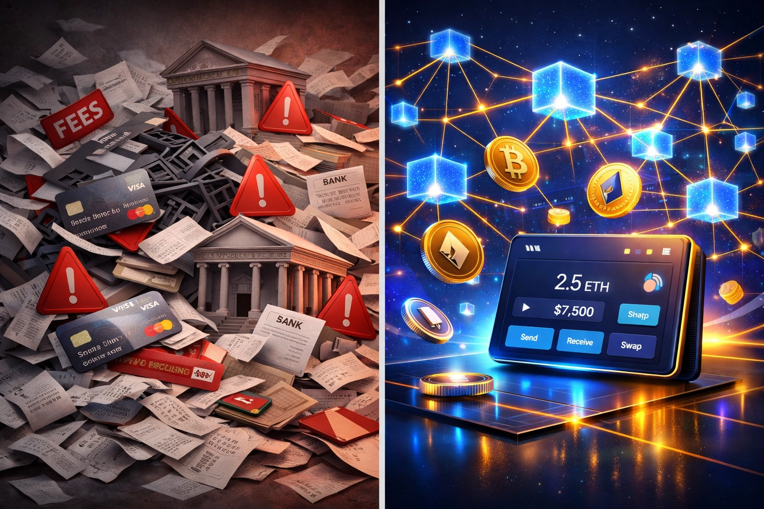 Traditional payment processing with high fees versus Web3 blockchain crypto payments with receivables tokens