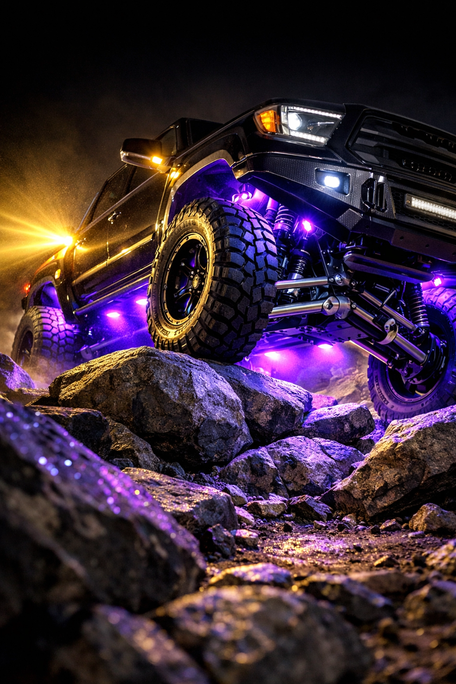 Lifted truck with rock lights and ditch lights navigating nighttime rock crawling terrain