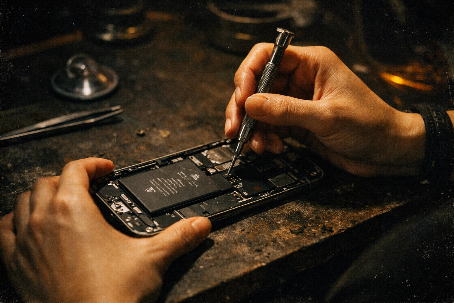 Technician hands performing professional iPhone battery replacement with precision tools