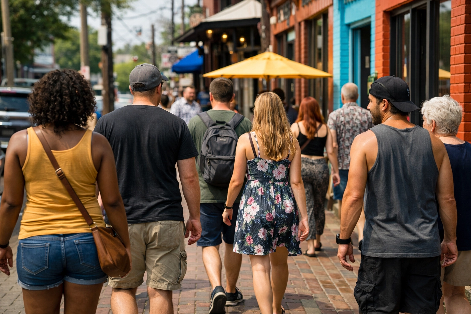Pedestrians walking in NoDa Charlotte along a brick sidewalk.