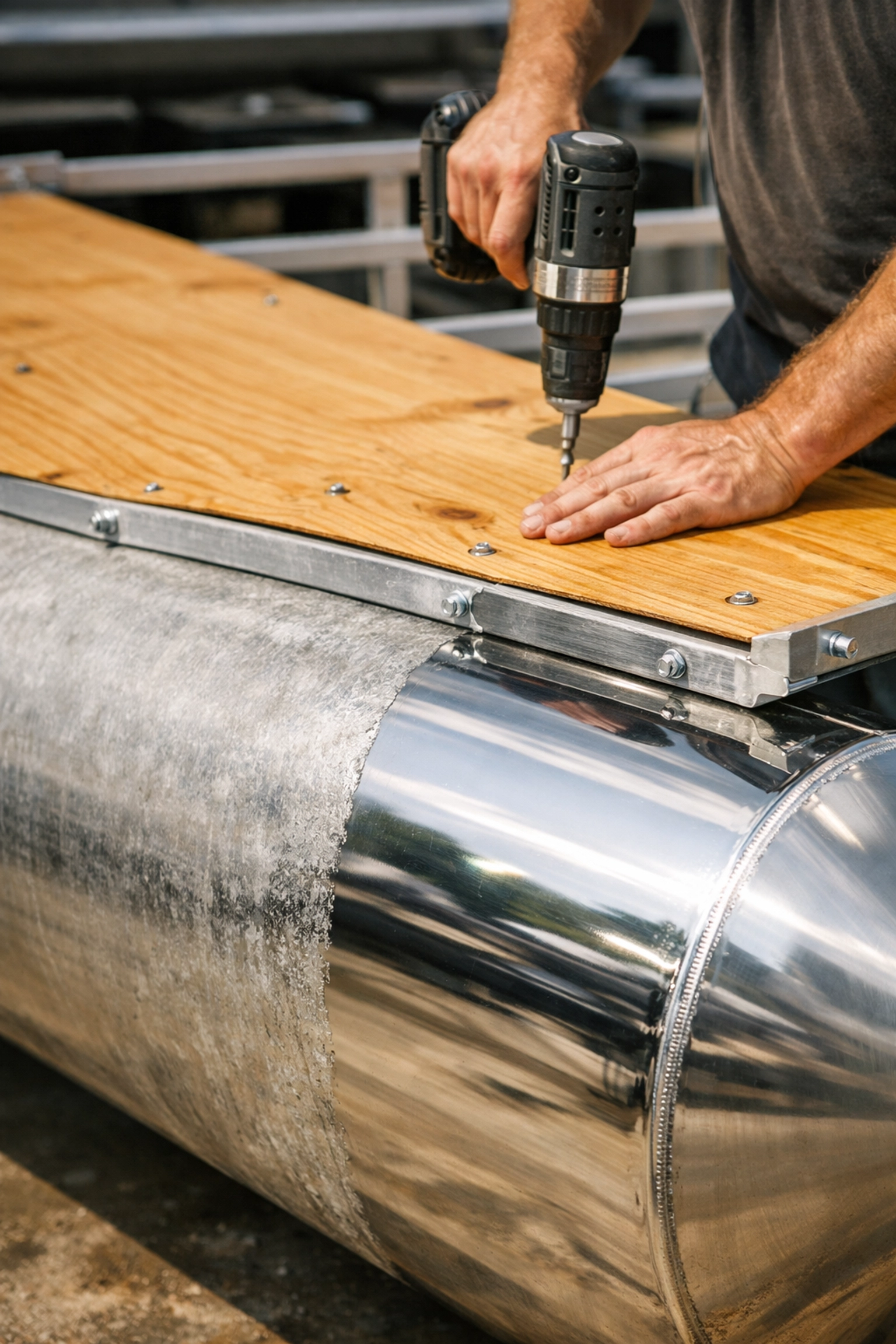 Restoration of a pontoon boat showing polished aluminum logs and new marine-grade wood deck installation.