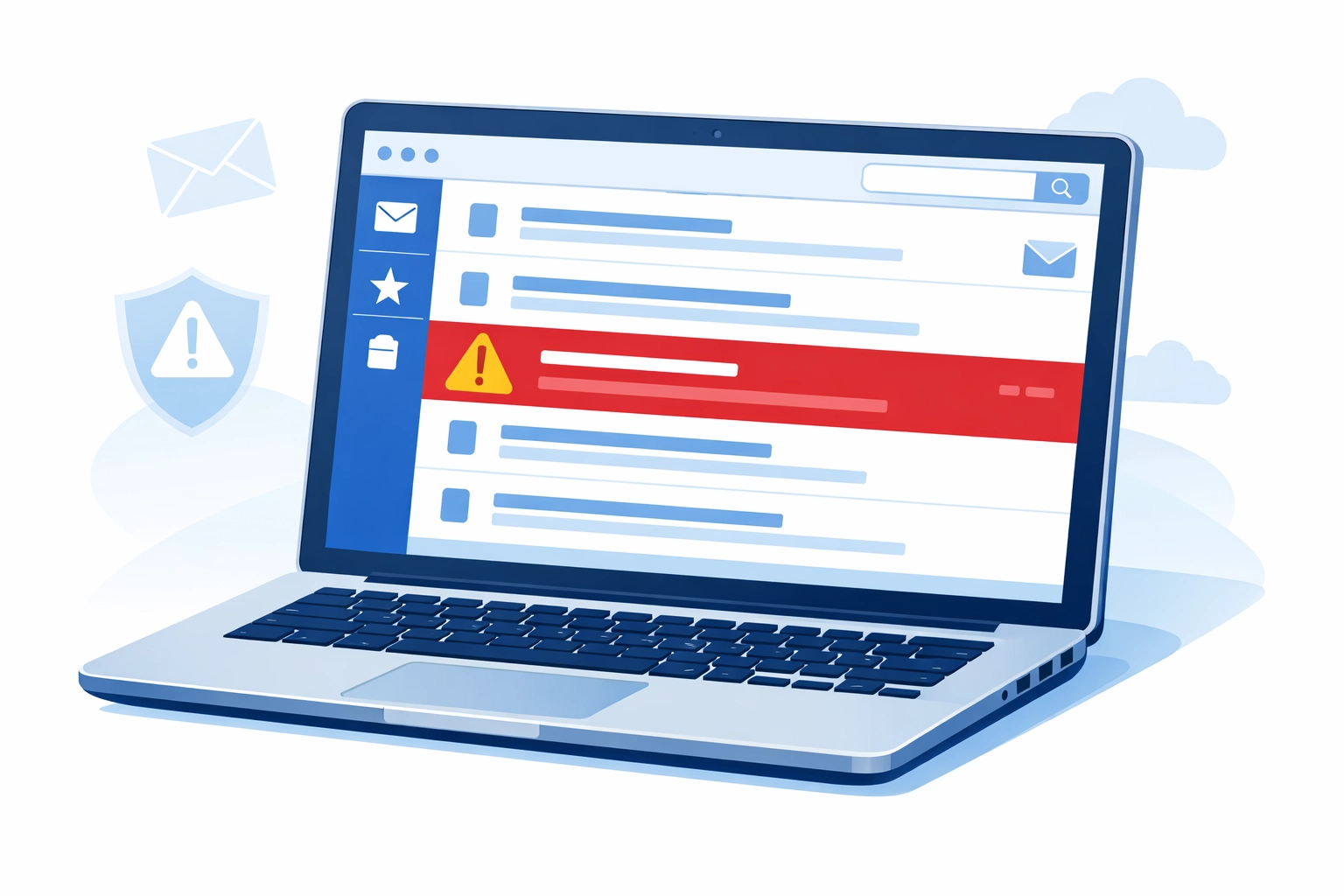 Email inbox showing suspicious phishing email highlighted with warning icon among legitimate messages