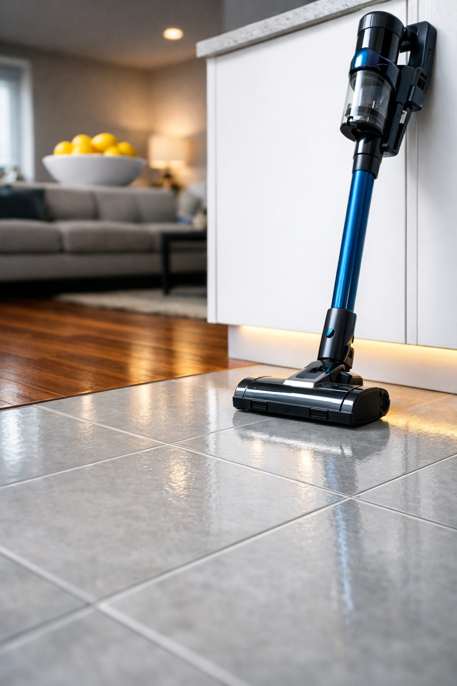 Clean kitchen floors and a cordless vacuum for quick daily home maintenance.