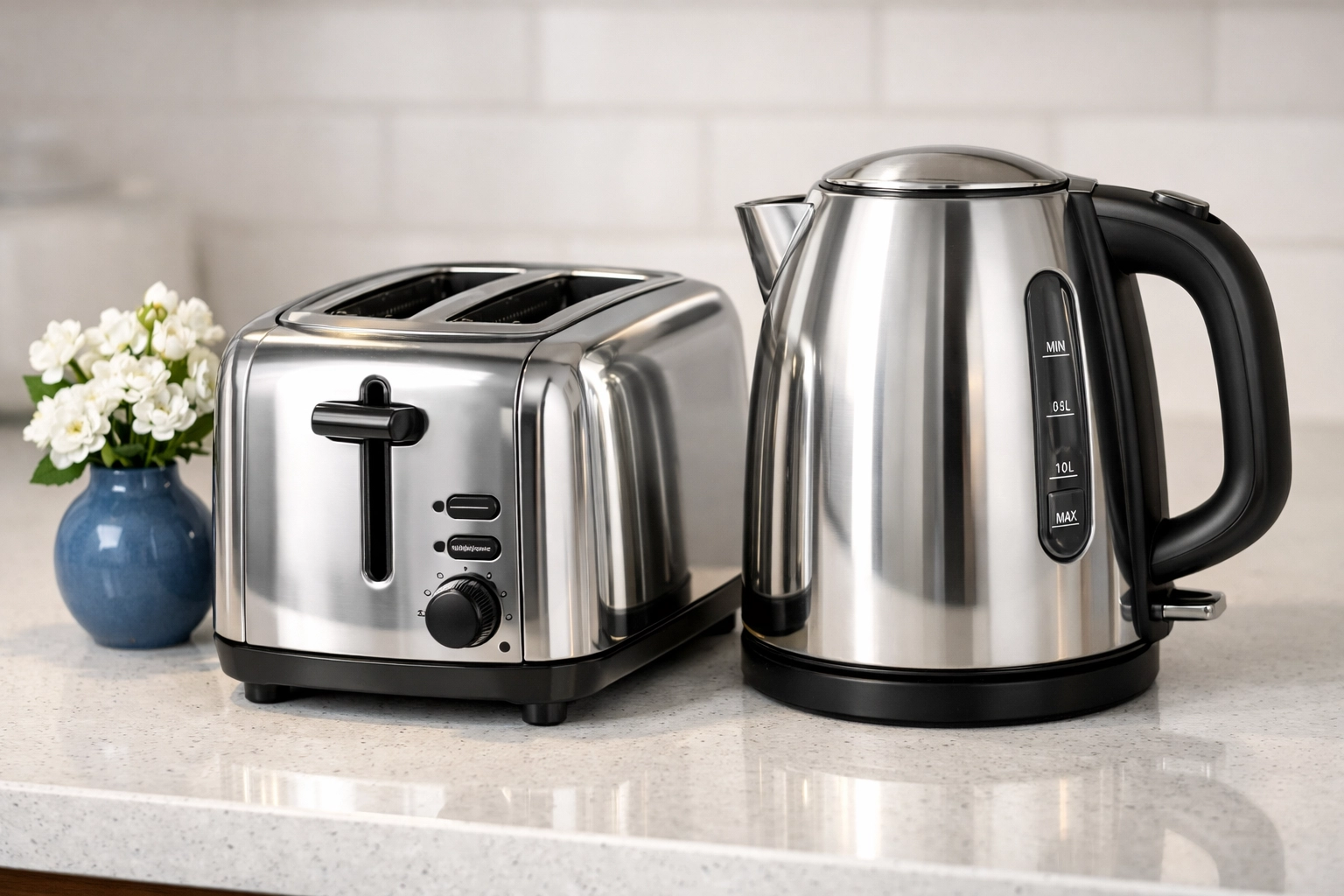 Polished stainless steel toaster and kettle with a smudge-free finish in a bright kitchen.