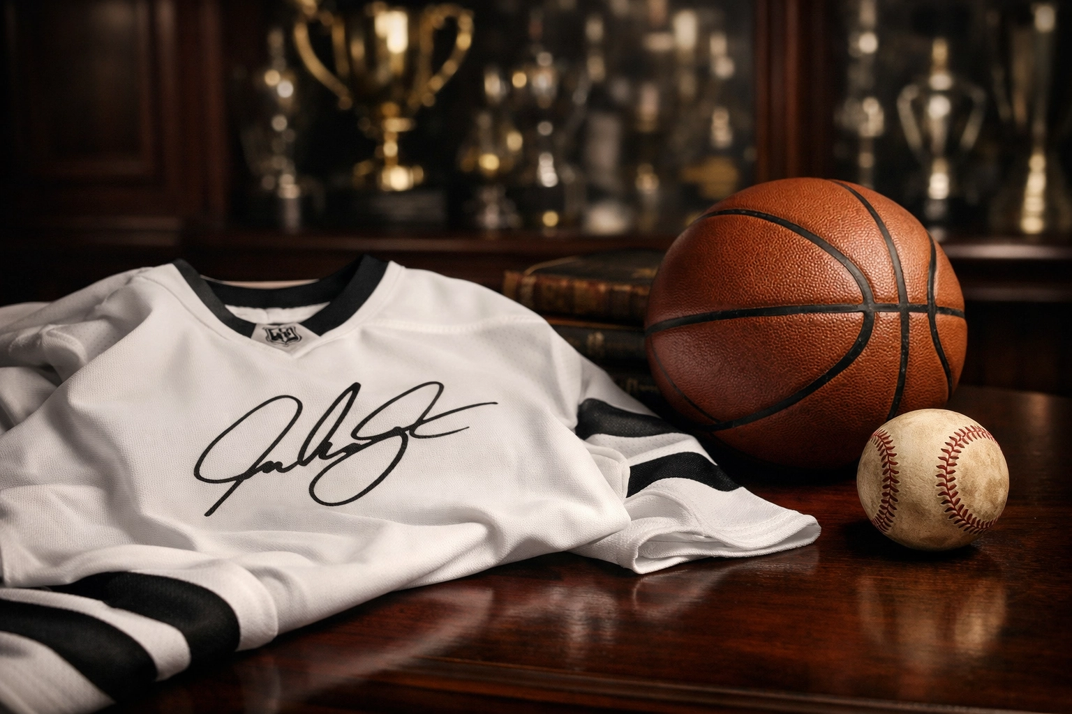Signed sports memorabilia collection featuring an autographed jersey, basketball, and baseball.