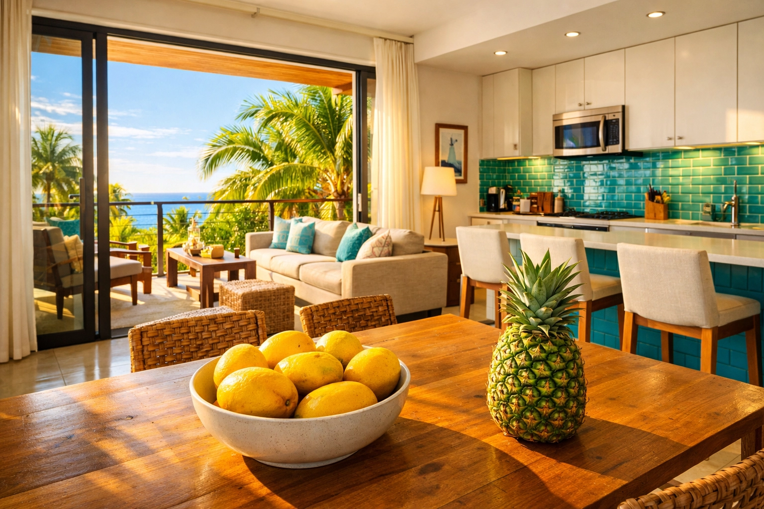 Bright open-plan living area in Zona Romantica Puerto Vallarta rentals with tropical balcony views.