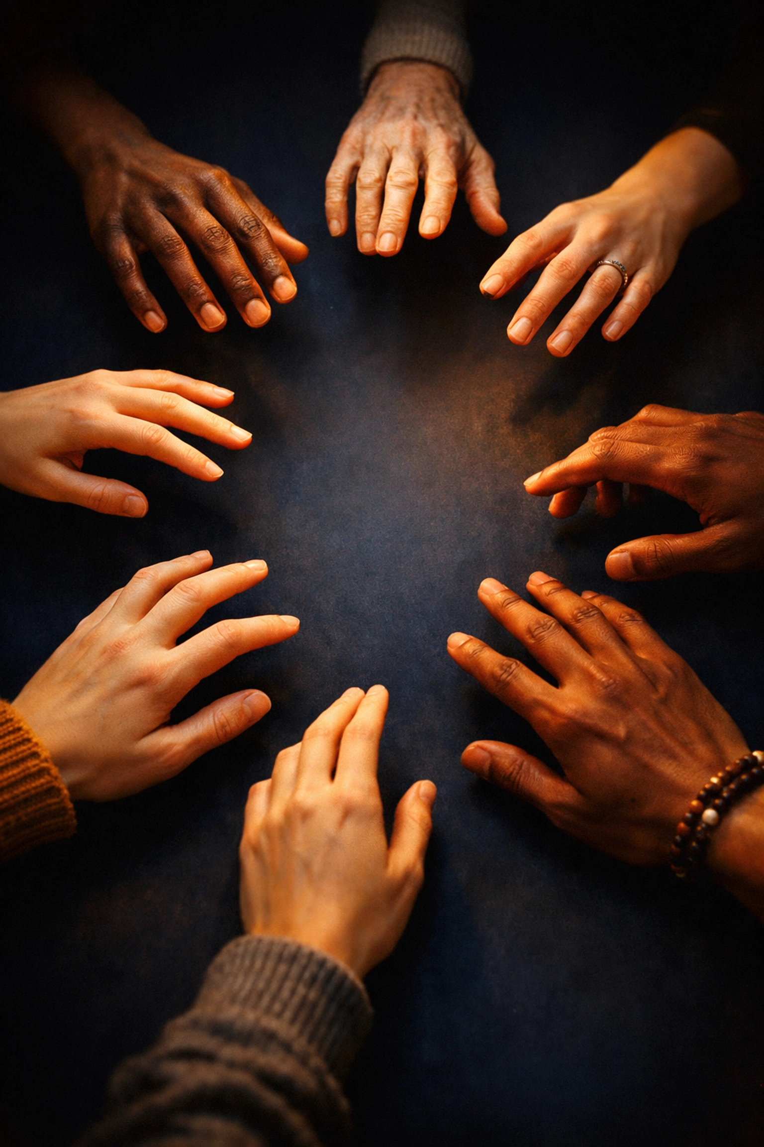 Diverse hands reaching together symbolizing unity in digital faith community at Boundless