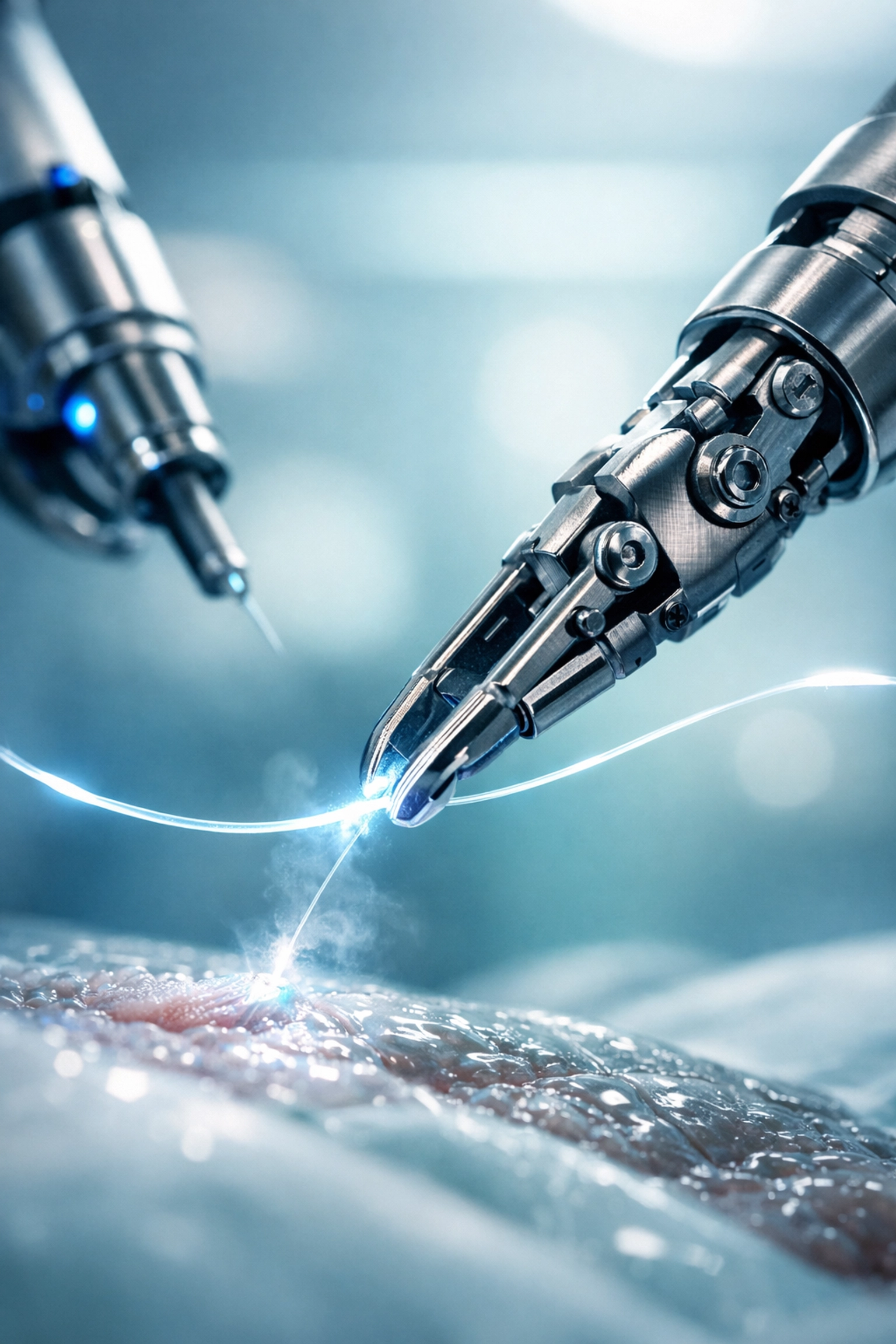 Robotic surgical arm performing a precise medical procedure enabled by ultra-low latency edge computing.