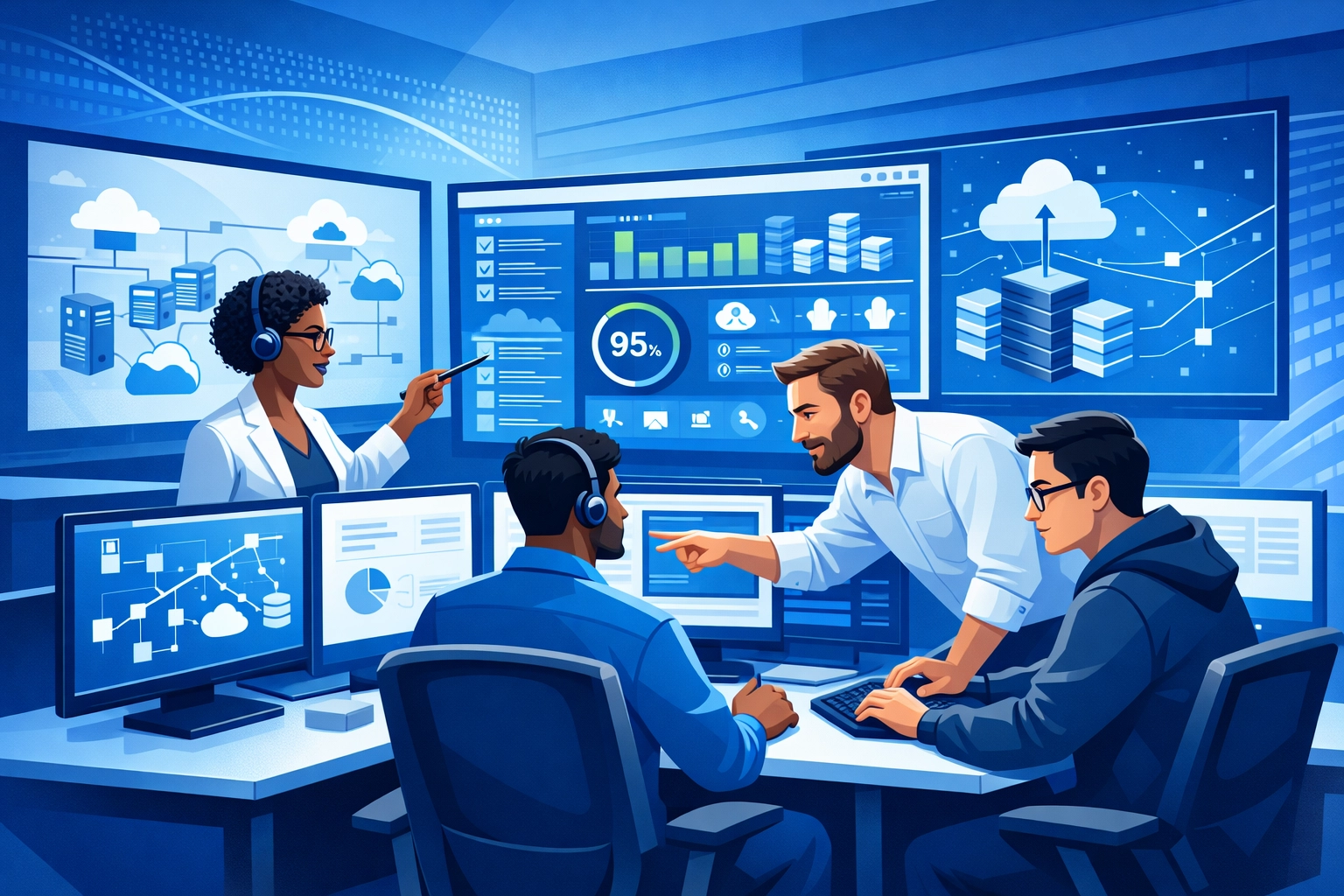 IT professionals monitoring network systems at managed service provider command center