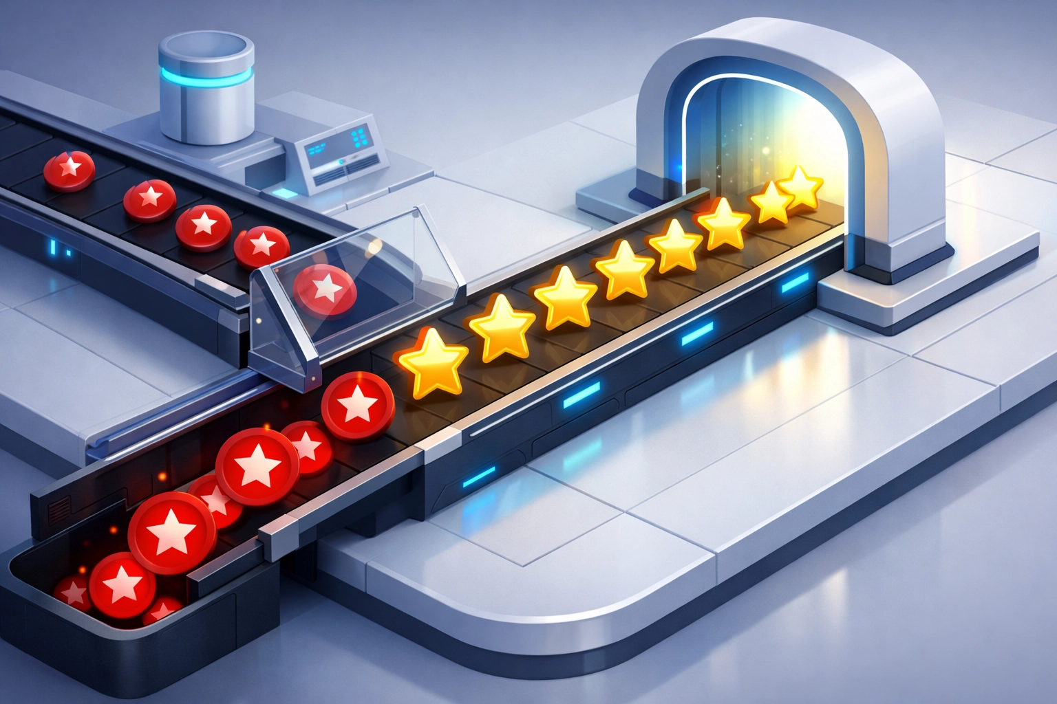 Visual representation of review gating where negative feedback is filtered to avoid Google policy violations.