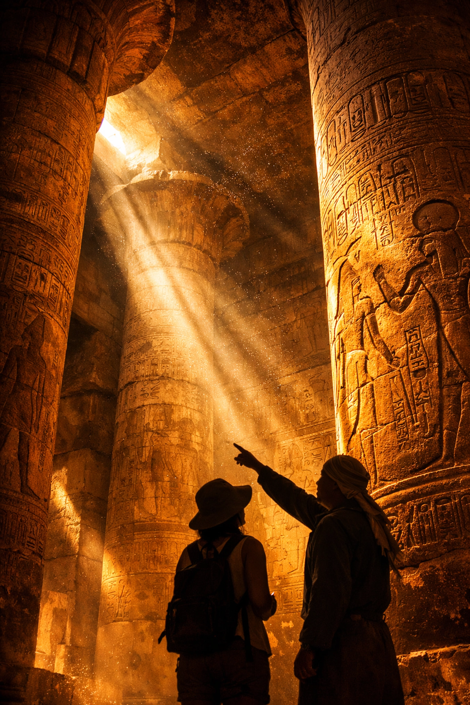 Tourist with guide exploring ancient Egyptian temple interior with hieroglyphic columns