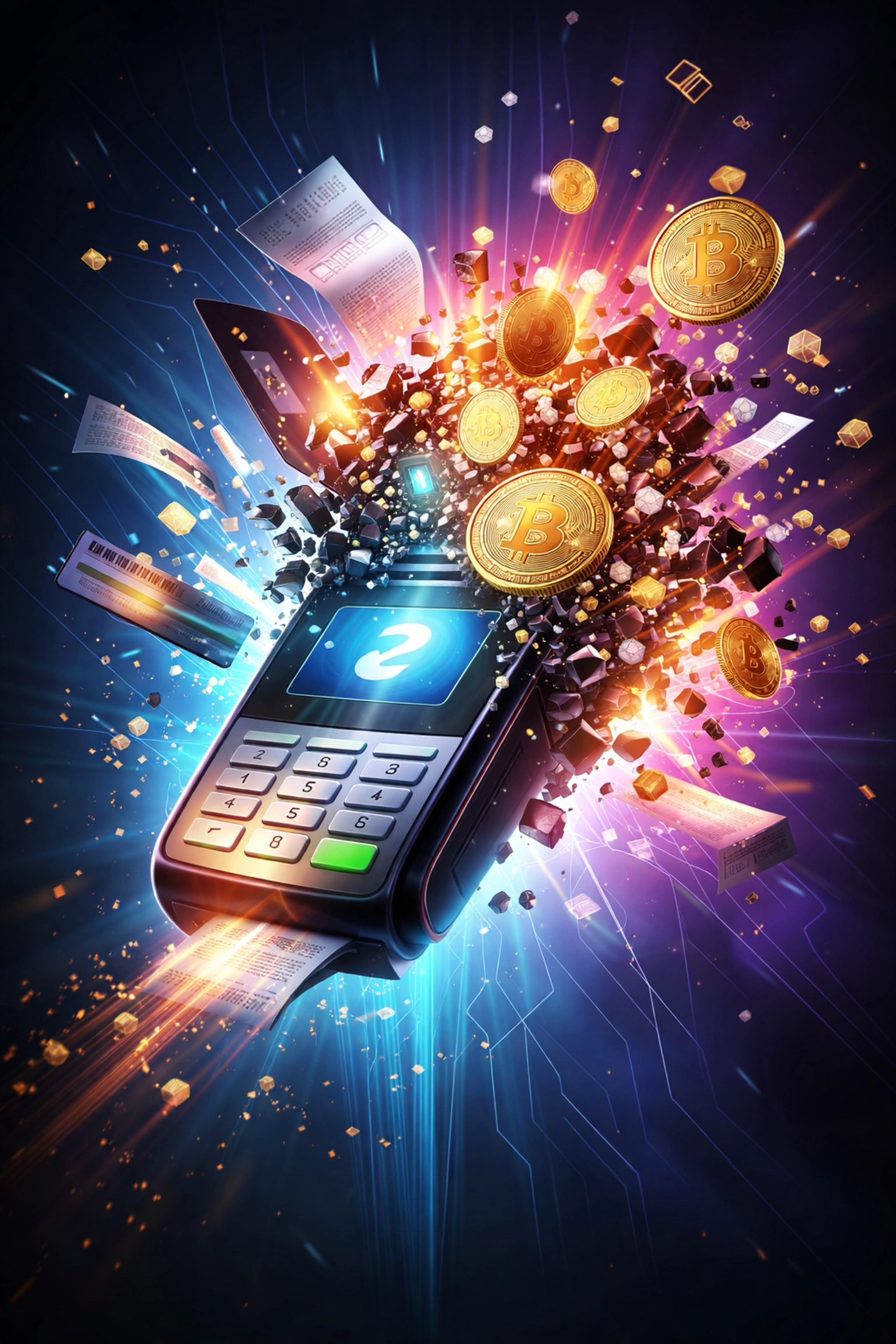 Traditional credit card payment system transforming into streamlined cryptocurrency payments for merchants