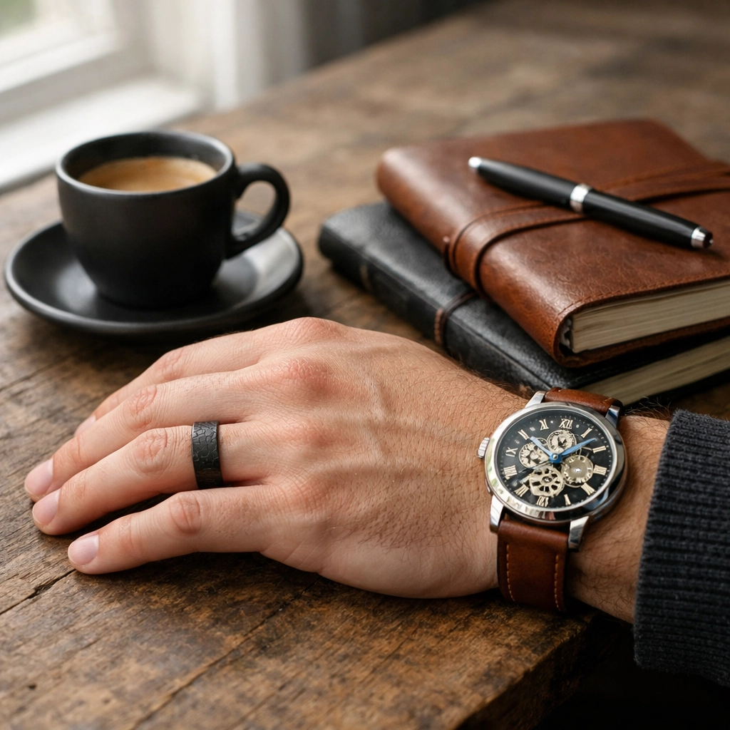 Man wearing a dark wedding band and watch, emphasizing comfortable fit and stylish men's ring sizes.