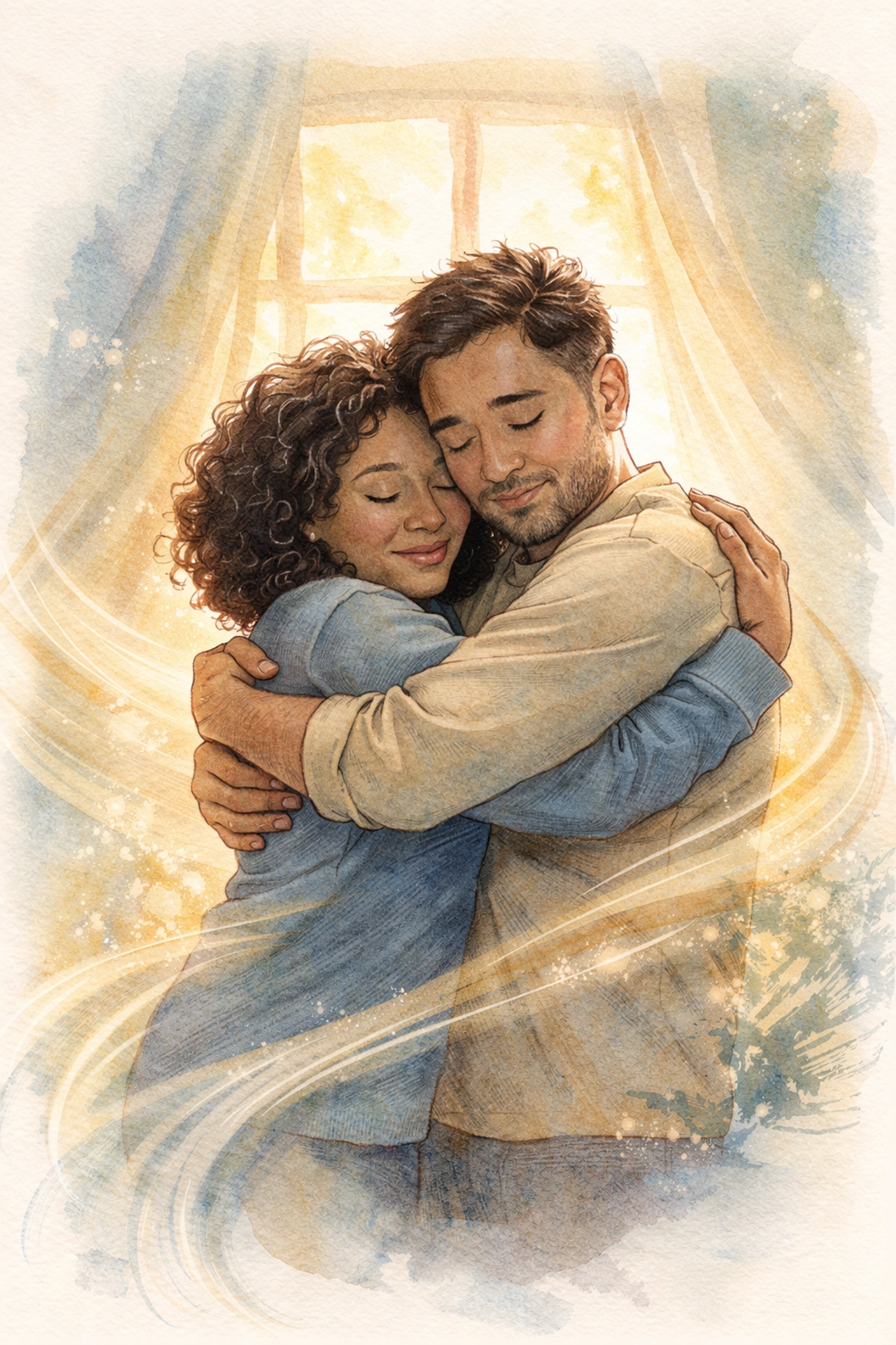 Watercolor illustration of two diverse people embracing in reconciliation, symbolizing forgiveness before Sunday worship.