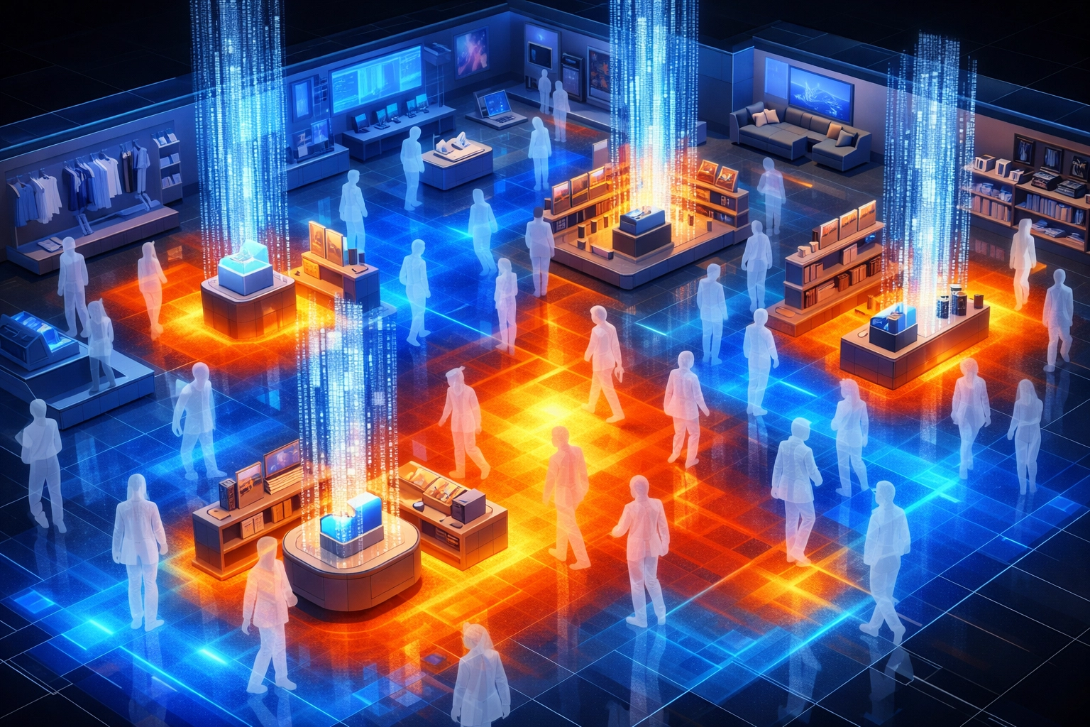 Metaverse merchant store floor displaying AI-driven spatial analytics and customer heat mapping data.
