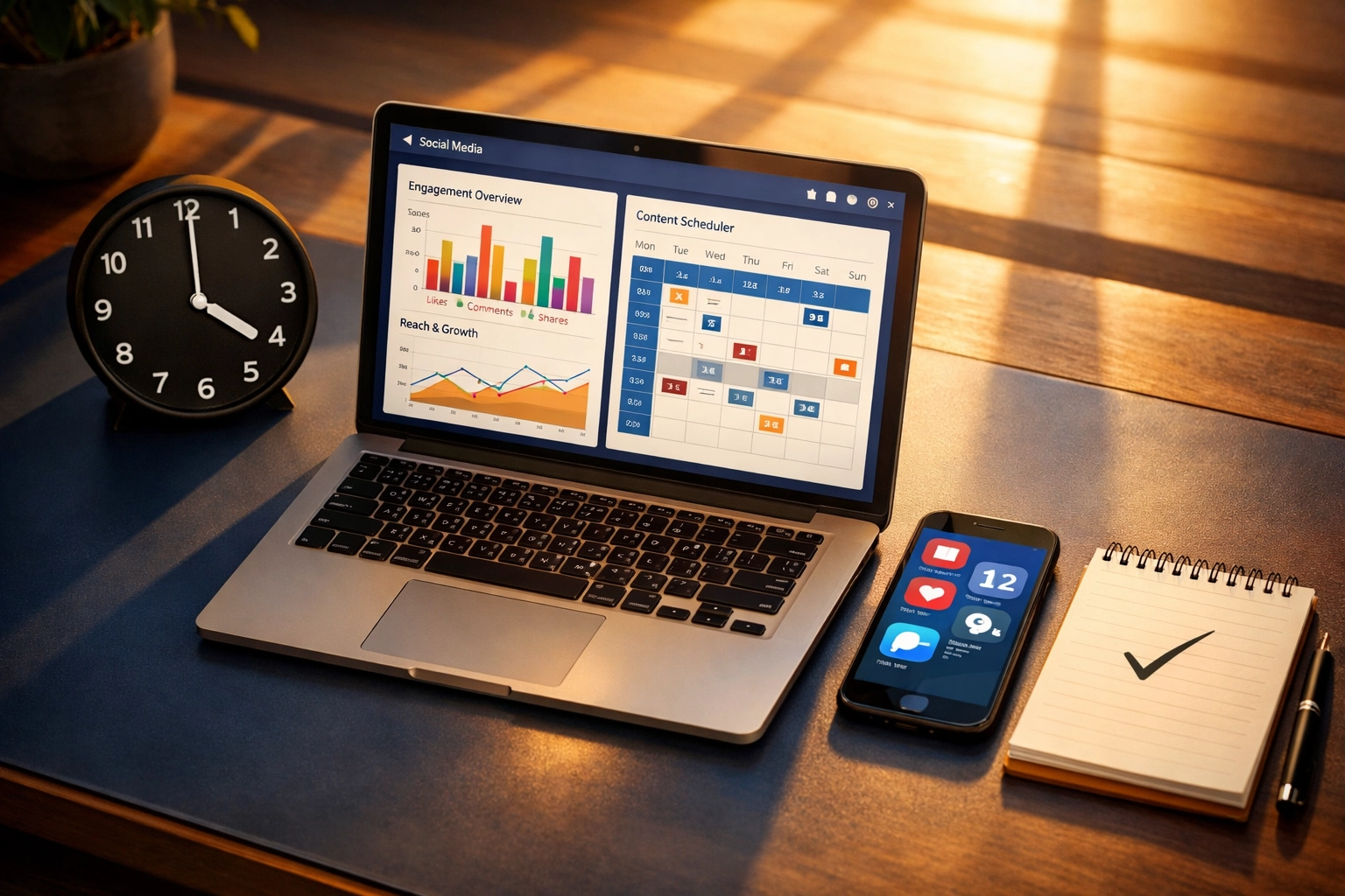 4PM workspace with social media analytics dashboard and automated scheduling for media presence management