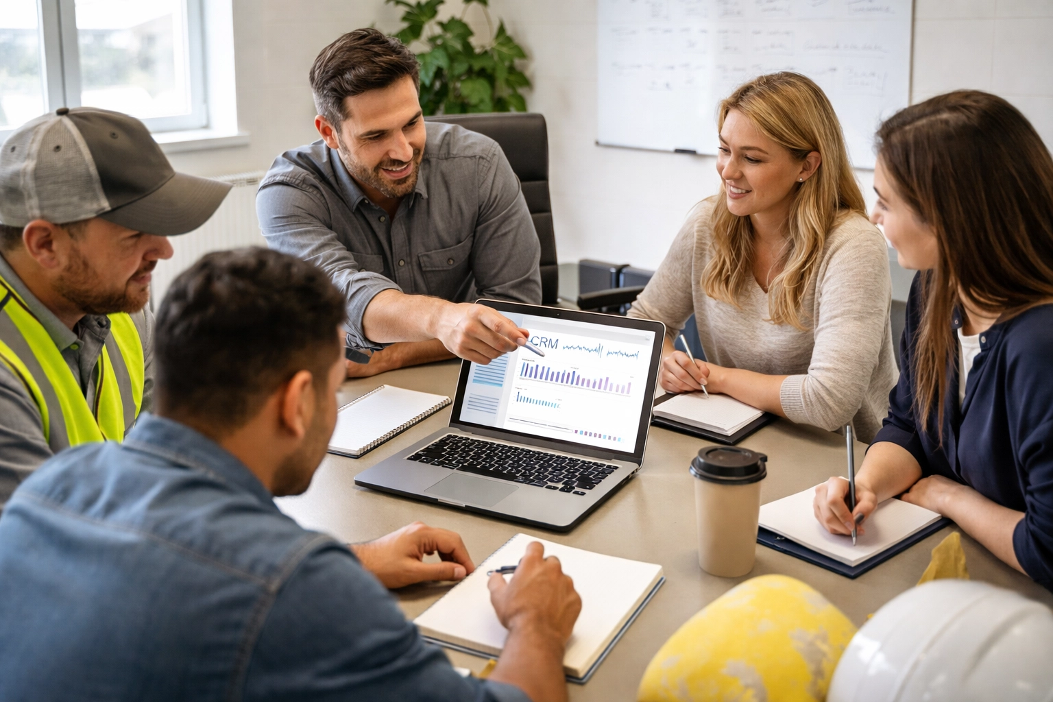 Contractor team collaborates during CRM training session in an office, illustrating effective contractor CRM setup.