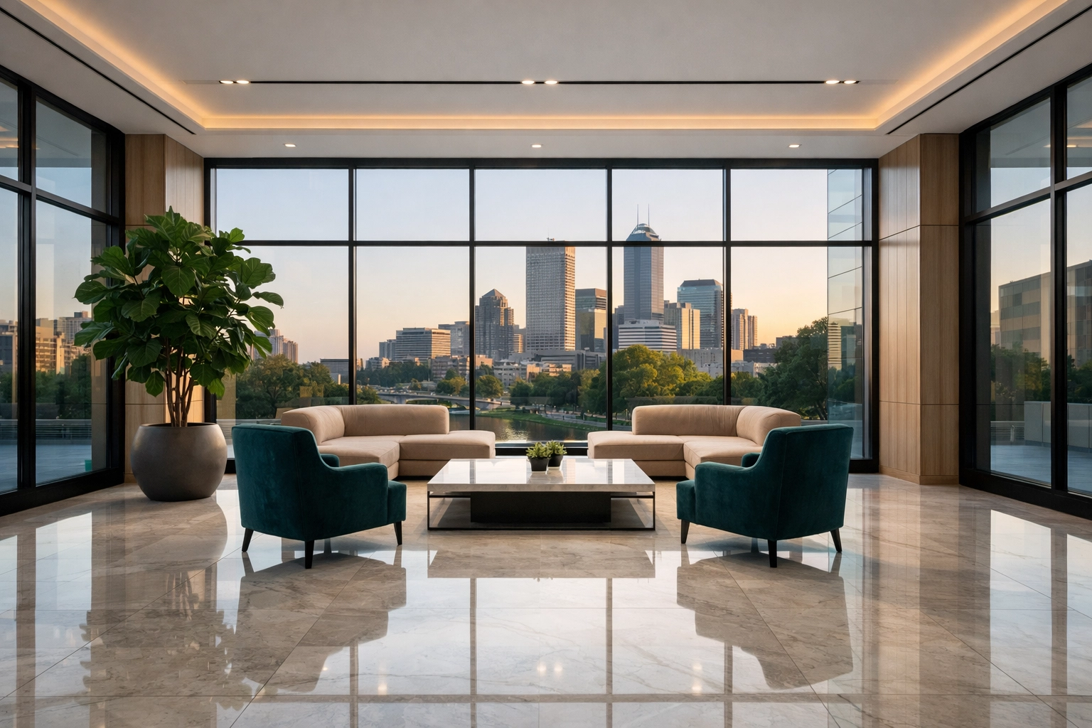 Pristine Indianapolis residential lobby with polished marble floors reflecting natural light from windows.