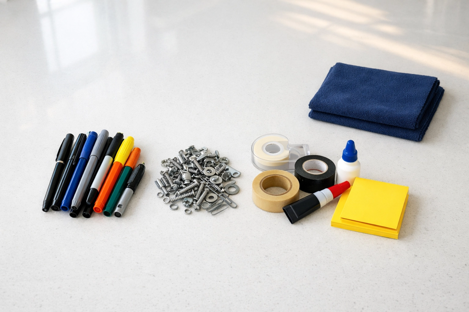 Sorted household items in piles on a clean kitchen counter for fast drawer organization.