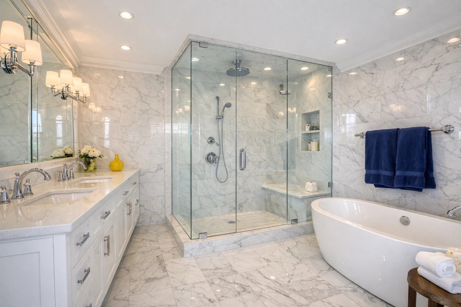 Sparkling marble bathroom with polished fixtures after a professional deep cleaning Marlborough session.