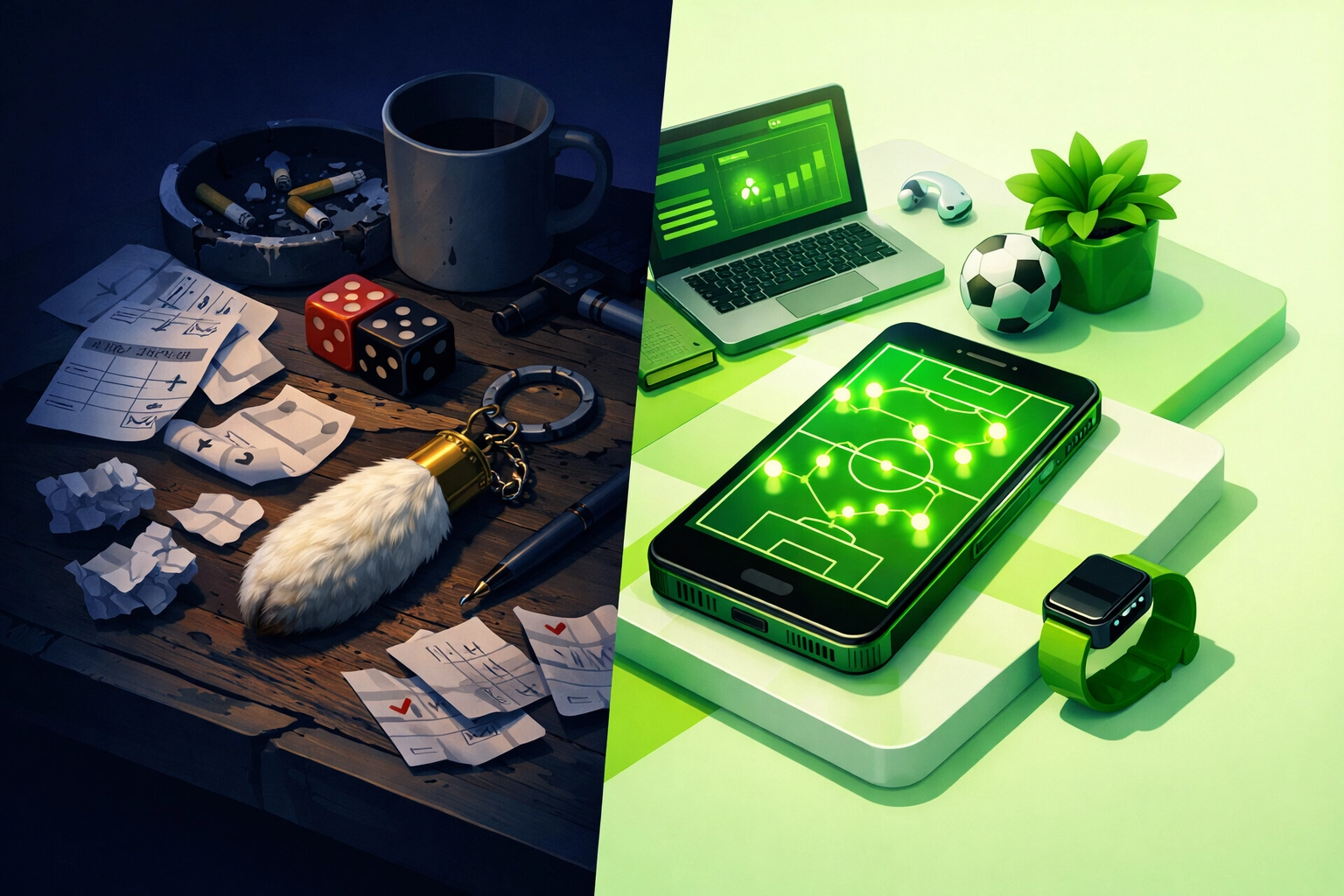 Illustration comparing messy betting slips to football betting insights on a mobile scanner.