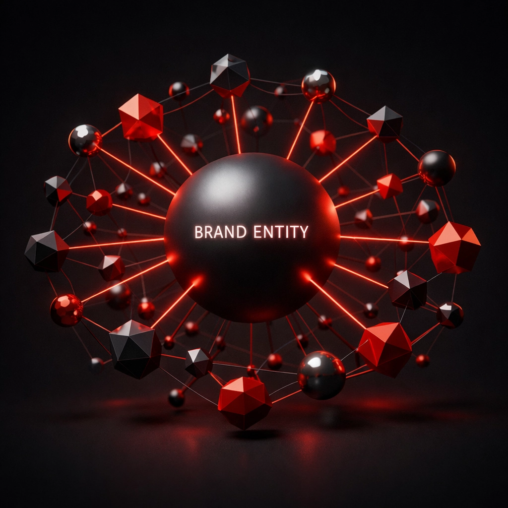 Abstract digital nodes representing interconnected brand answer clusters for AI search engine discovery.