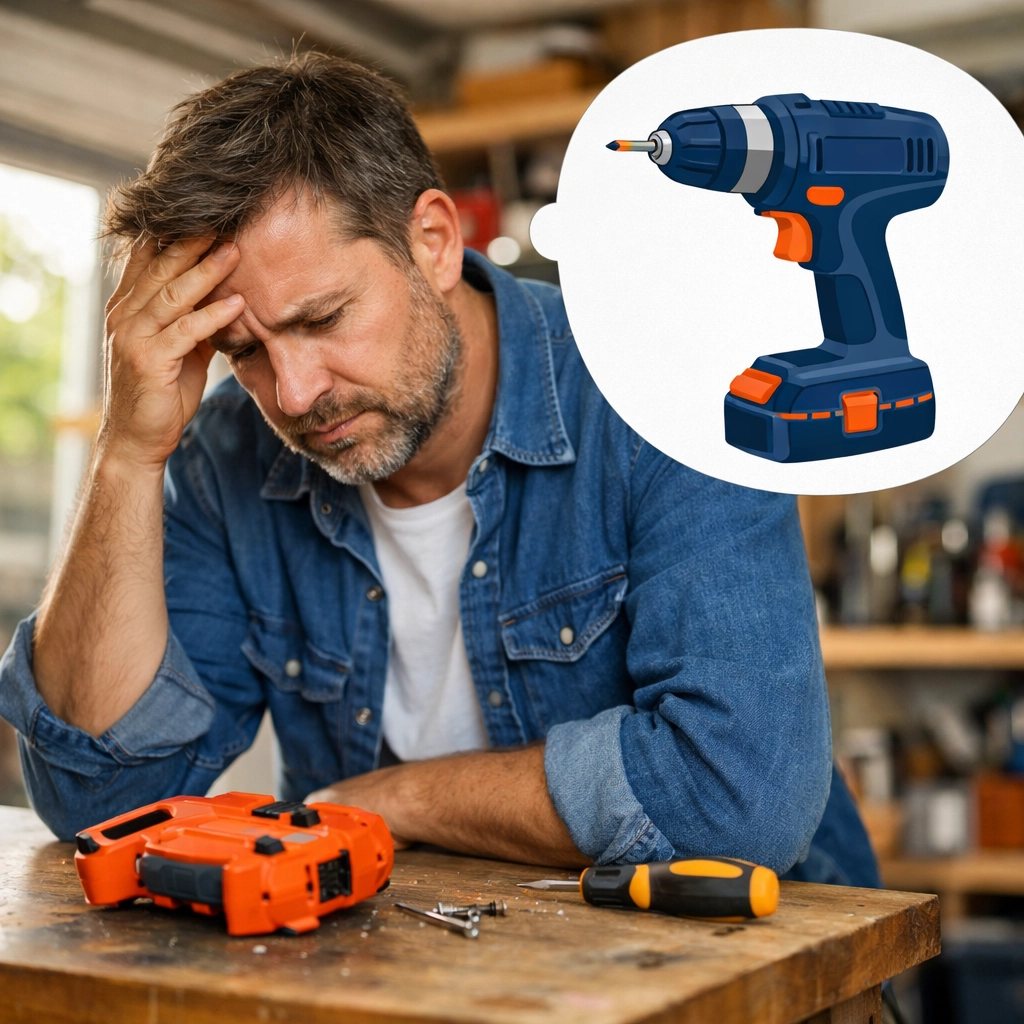 Frustrated homeowner with a broken budget power tool contrasted with a professional-grade rental tool.