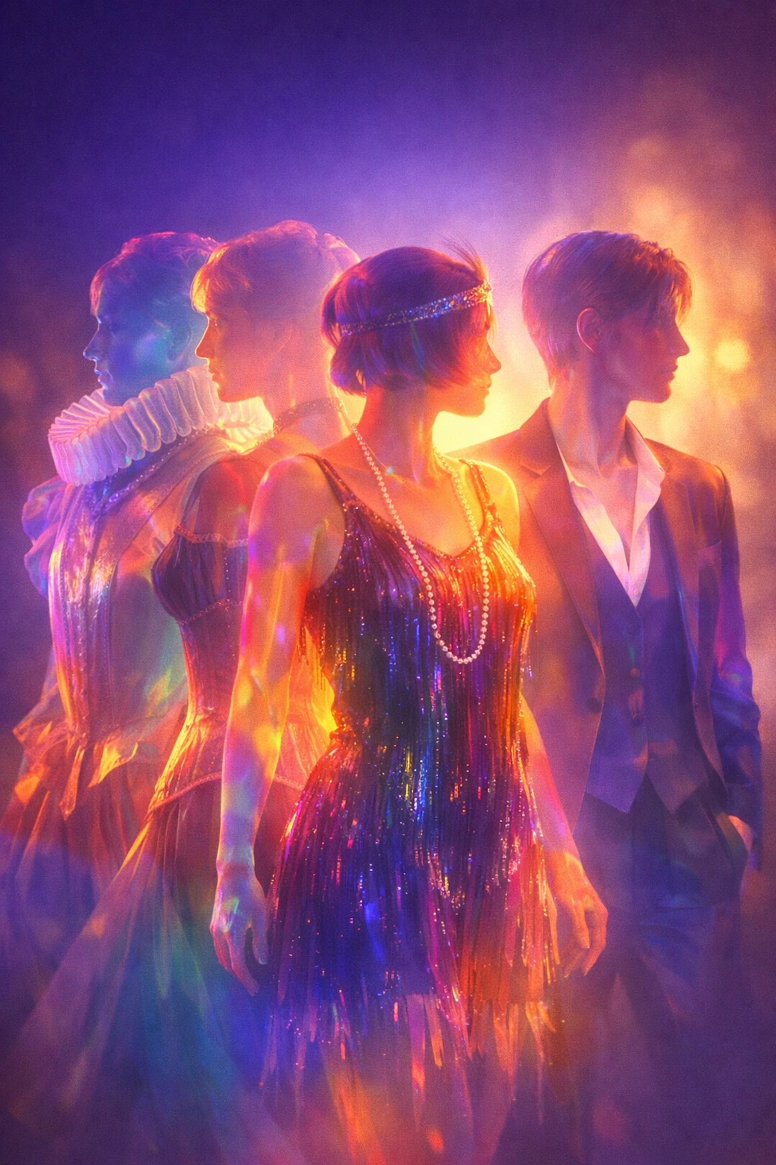 Overlapping figures of Orlando through different historical eras showing multiplicity of LGBTQ+ identity