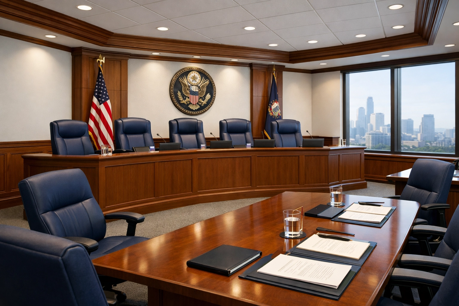 A perfectly maintained government boardroom with polished wood surfaces and a clean atmosphere.