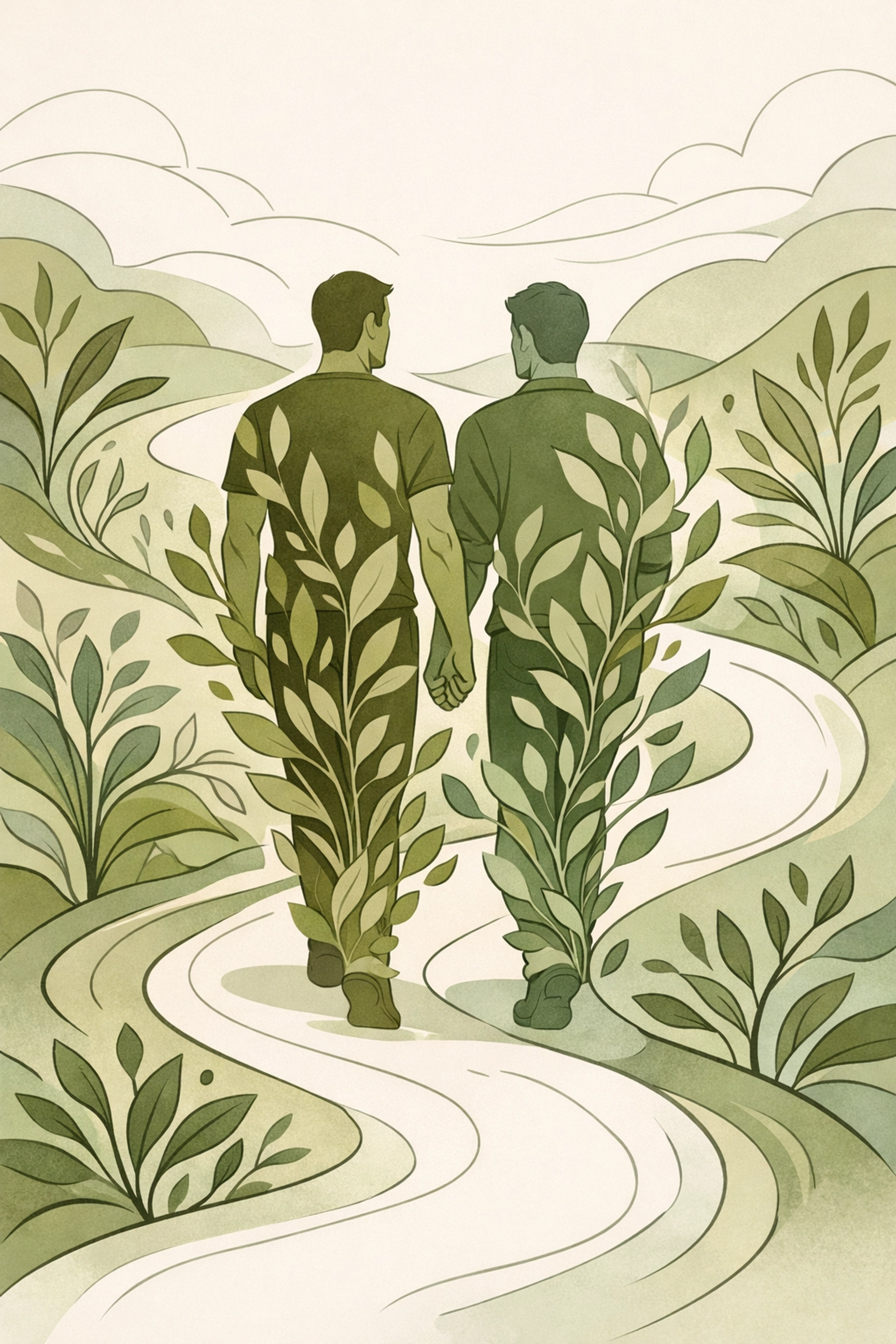 MM couple holding hands on a winding path, symbolizing the fluid journey of bisexual identity in gay novels.