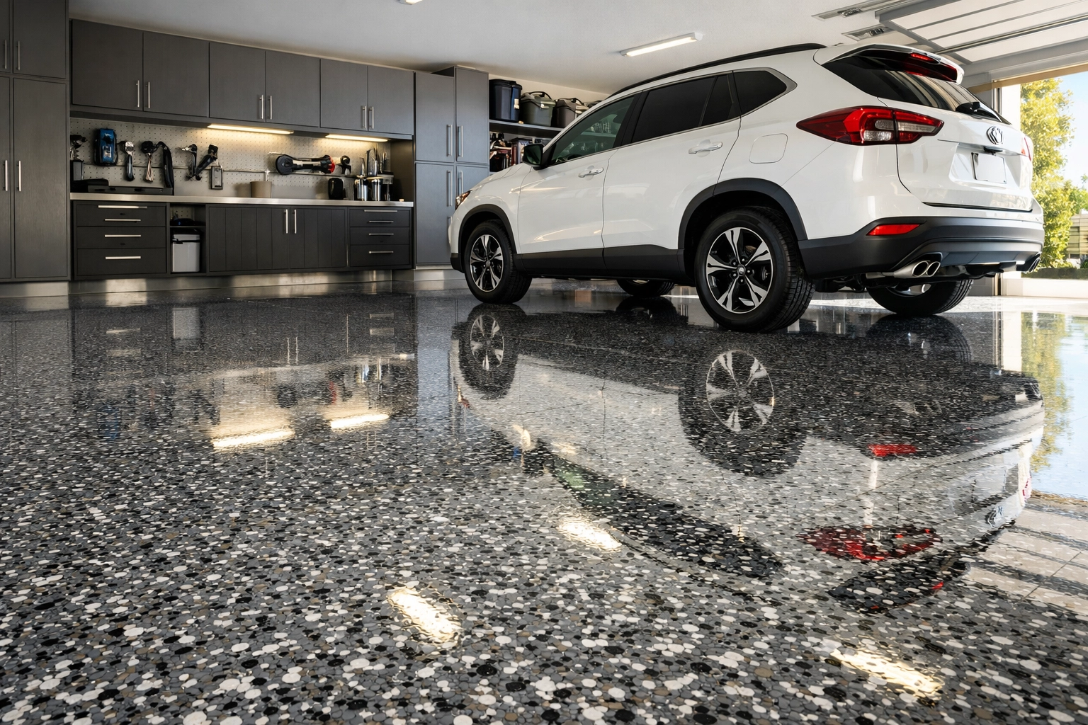 A modern garage featuring a durable, high-gloss polyaspartic flake floor coating in Jackson, MS.