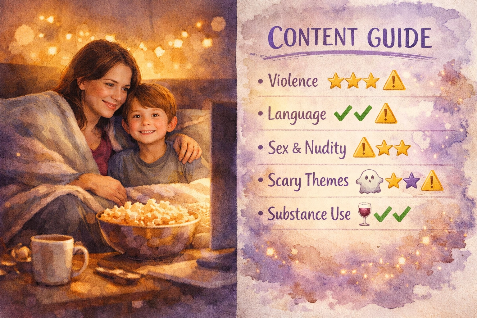 Parent and child watching movie with Christian content rating chart for safe family viewing