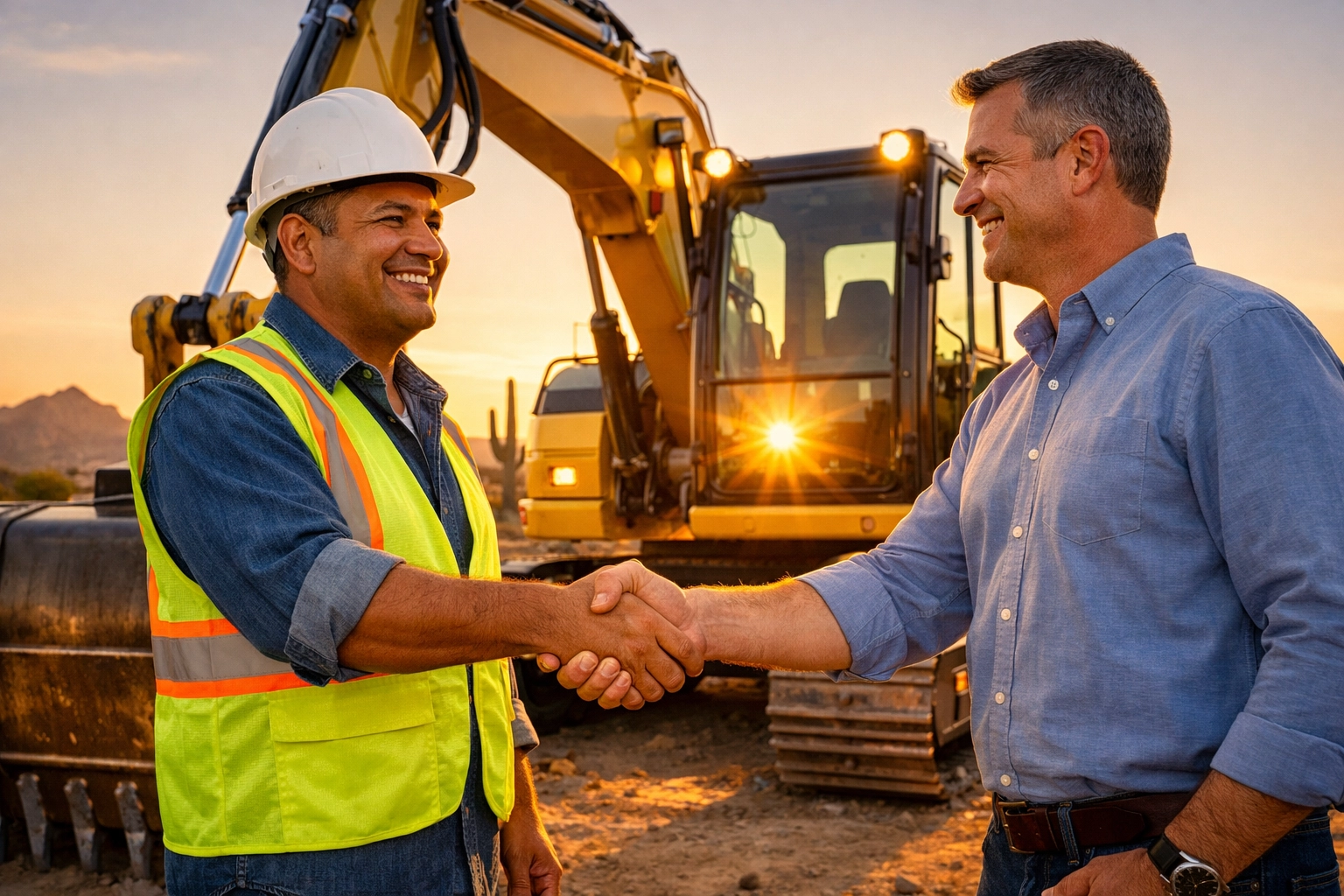 Construction business owner shaking hands with a lender in front of a new financed excavator.