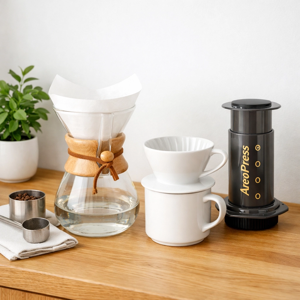 A collection of home coffee brewing gear including a Chemex, V60, and AeroPress.