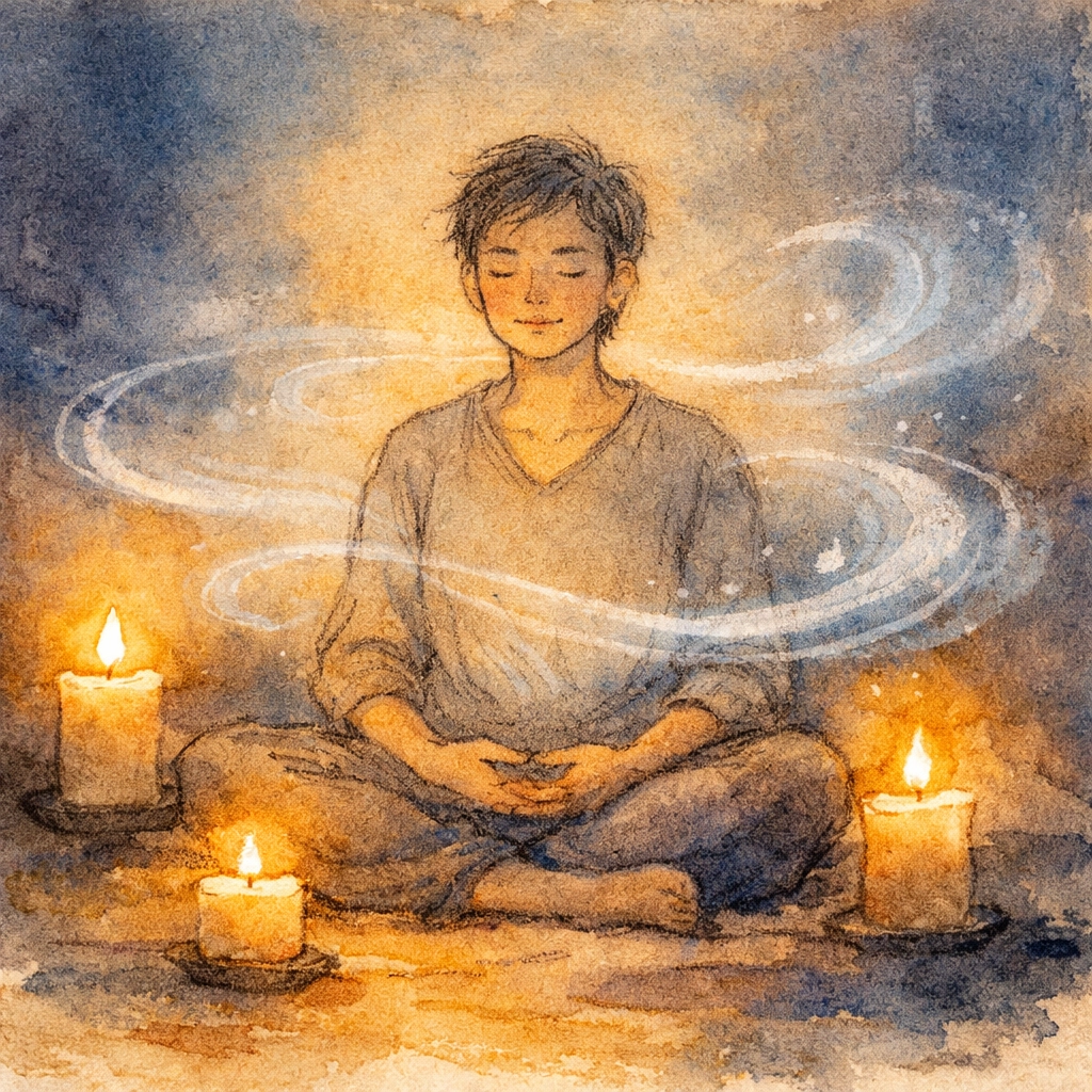 Person peacefully practicing intentional breathing and prayer in candlelight