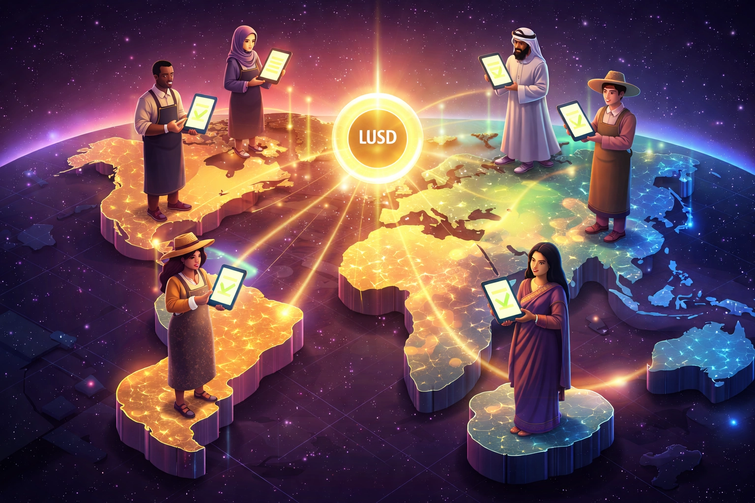 Global merchants connected through LUSD stablecoin payments representing decentralized commerce and financial independence