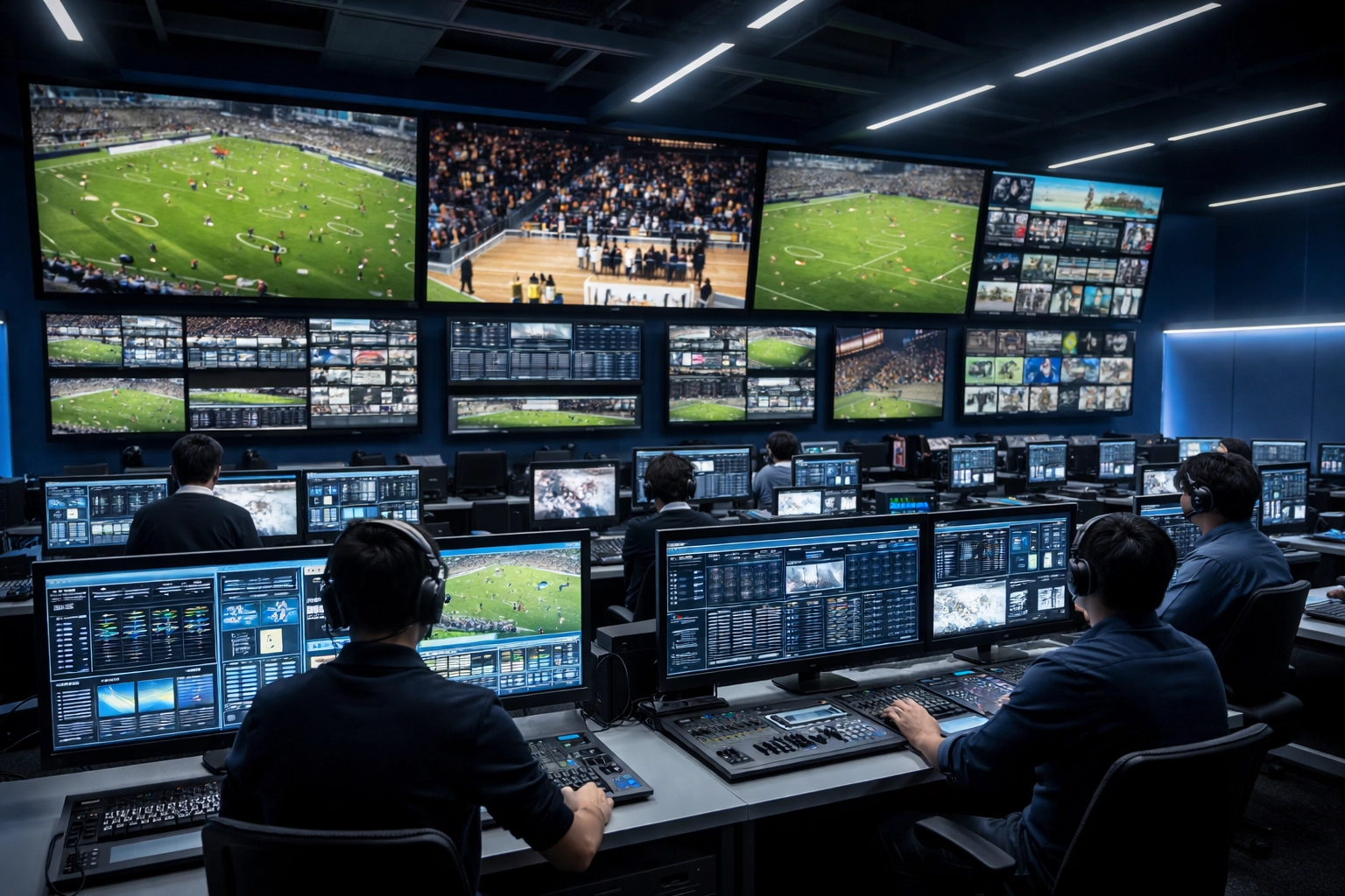 Modern sports broadcasting control room with live sports feeds and analytics, illustrating multi-platform campaign management.
