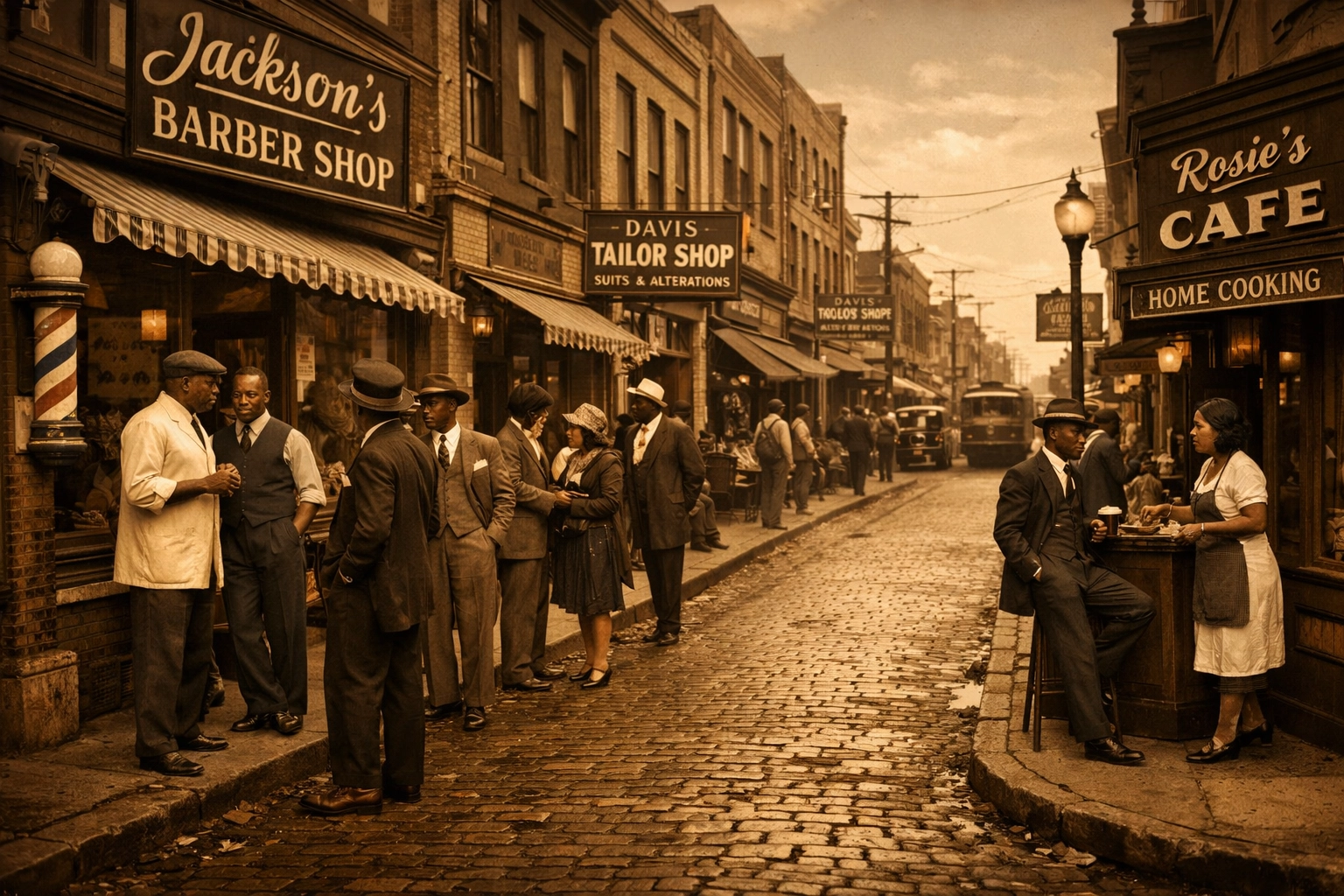 Historic Black business district from 1920s showing thriving Black-owned shops during Golden Age of entrepreneurship