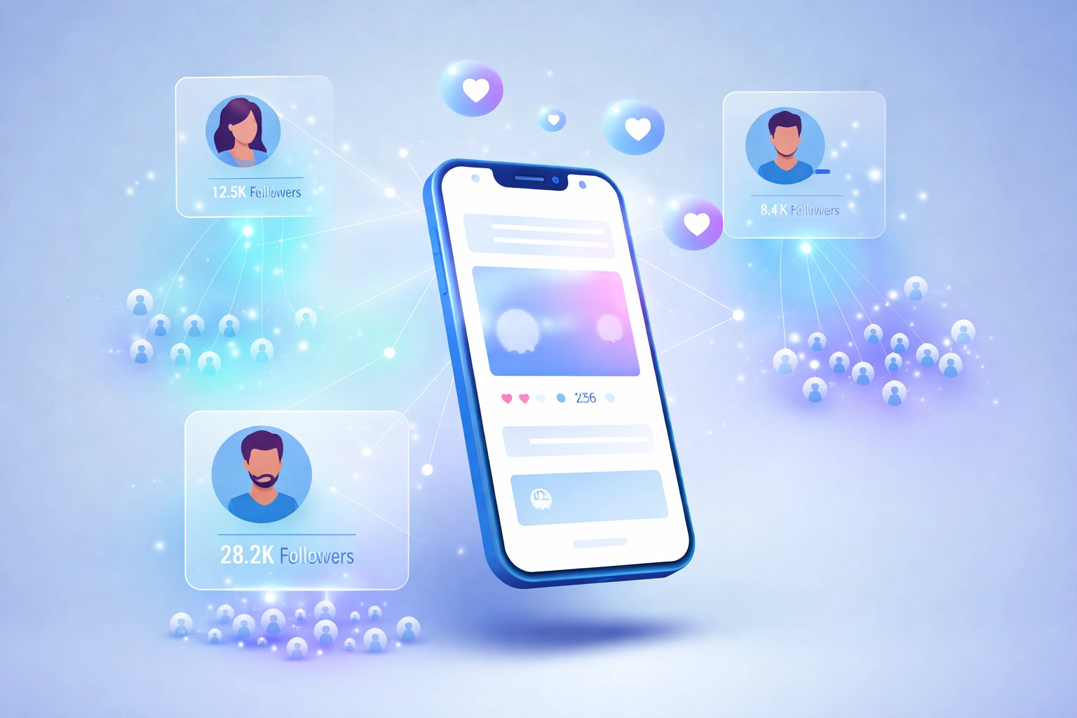 Modern smartphone showing social media engagement and influencer network connections for micro-influencer vetting.