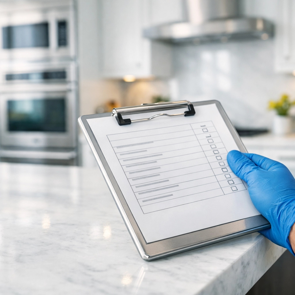 A professional cleaner using a detailed deep cleaning checklist in a modern Shrewsbury kitchen.