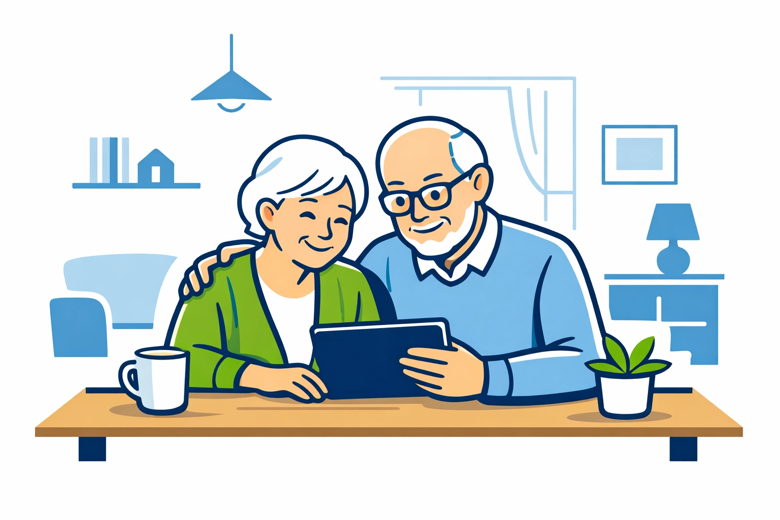 Elderly couple in Austin using a tablet to manage home health care and financial planning from home.