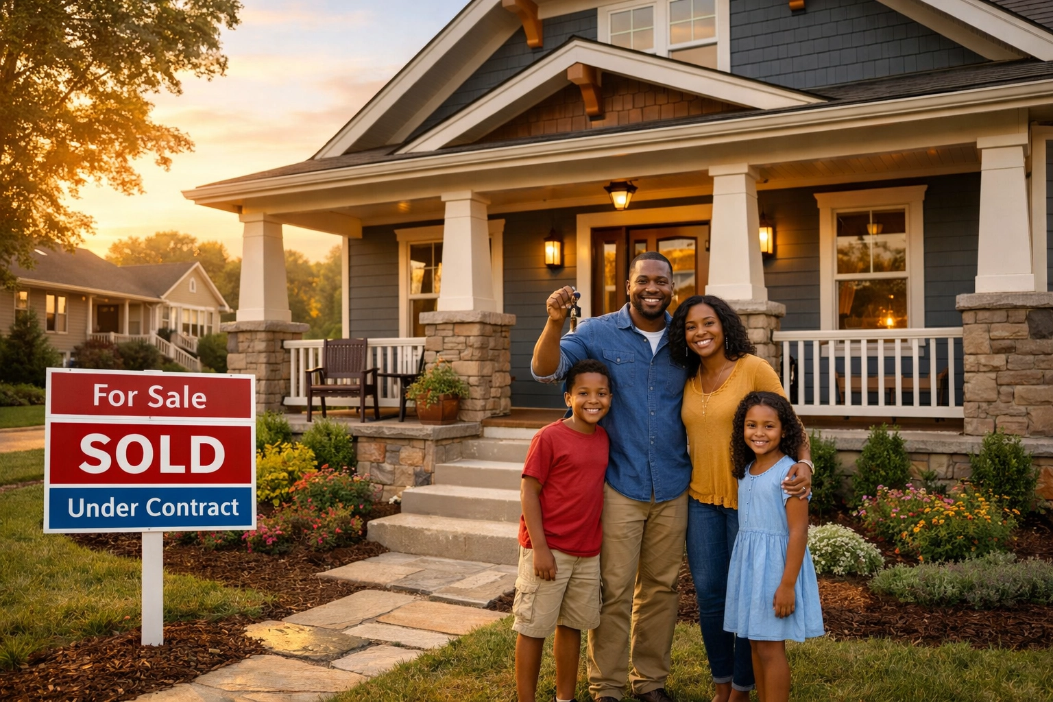 Family with keys standing outside new affordable home in Winston-Salem neighborhood