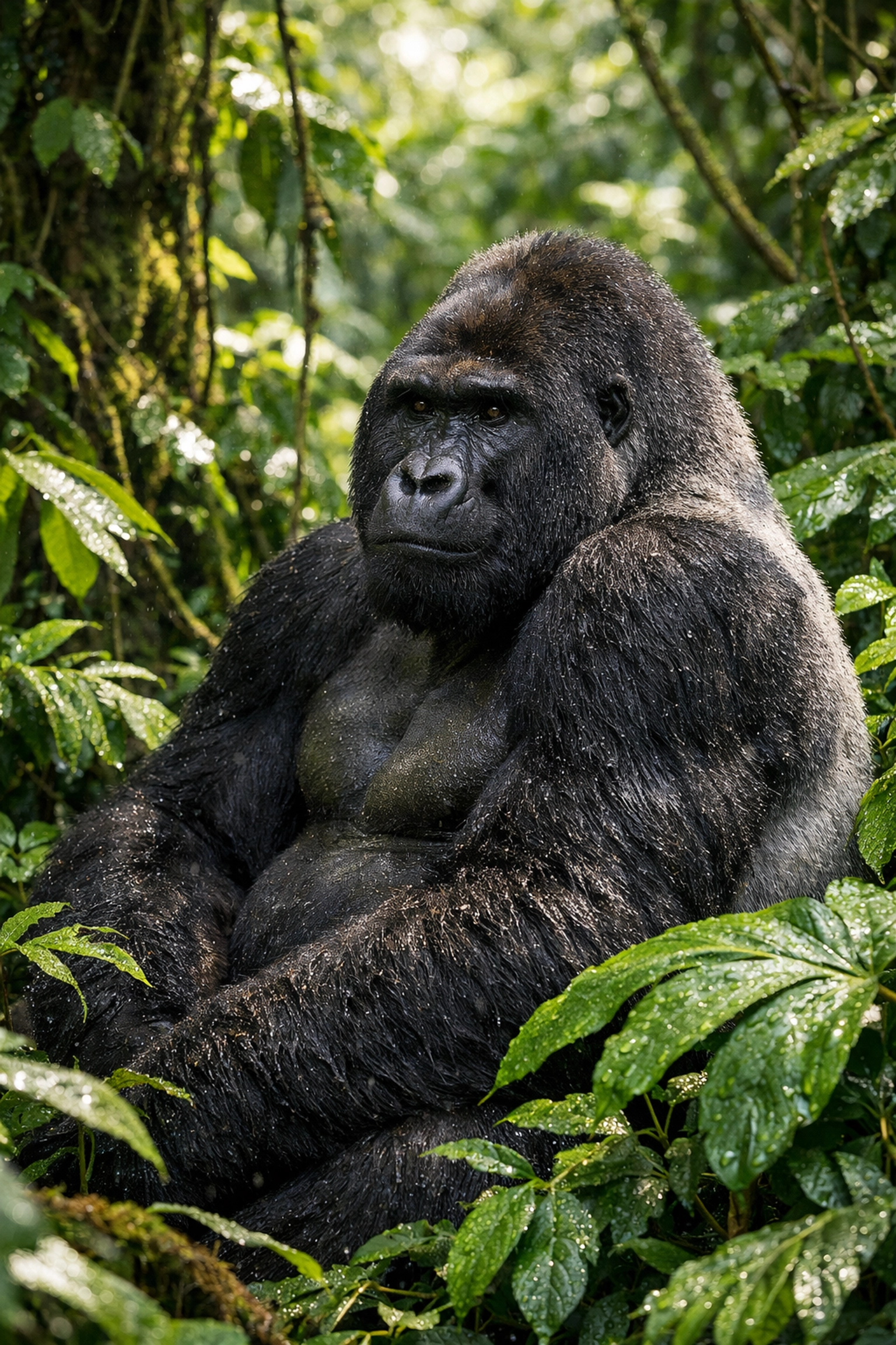 A Silverback Eastern Lowland Gorilla in a DRC rainforest, illustrating successful community-led conservation efforts.