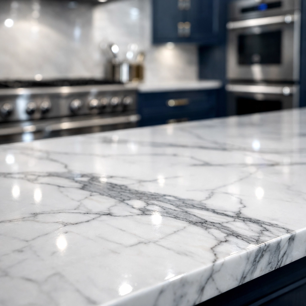 Luxury house cleaning Newton MA standards featuring a polished marble kitchen island in a high-end listing.