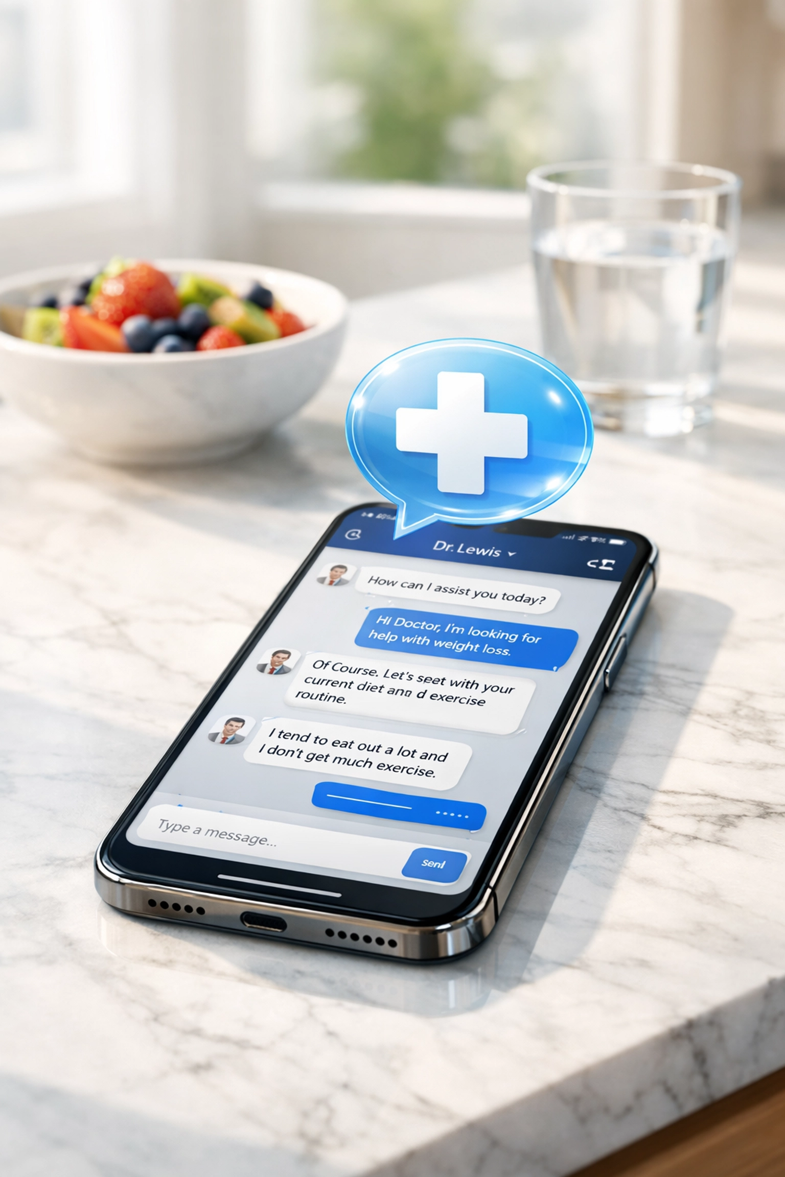 Secure medical messaging on a smartphone for an online weight loss prescription consultation.