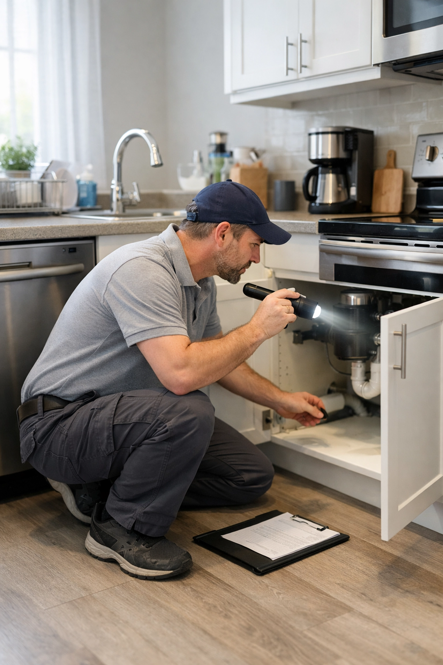 Property manager conducting routine maintenance inspection in occupied rental unit