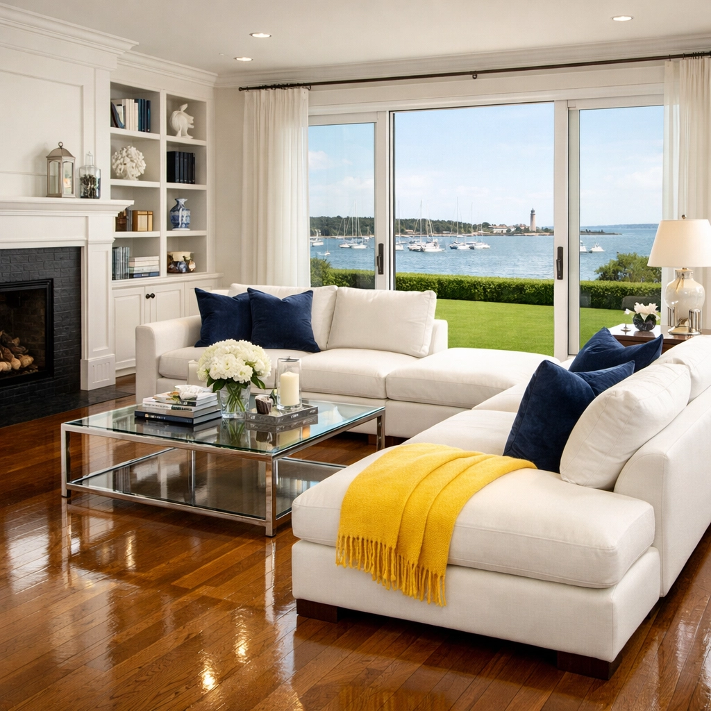 A perfectly organized Scituate living room after a professional Scituate Luxury Cleaning service.