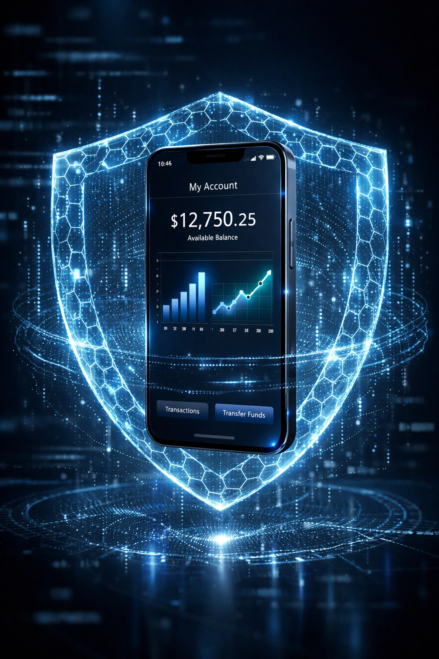 Digital security shield protecting a banking app using AI for real-time fraud detection.